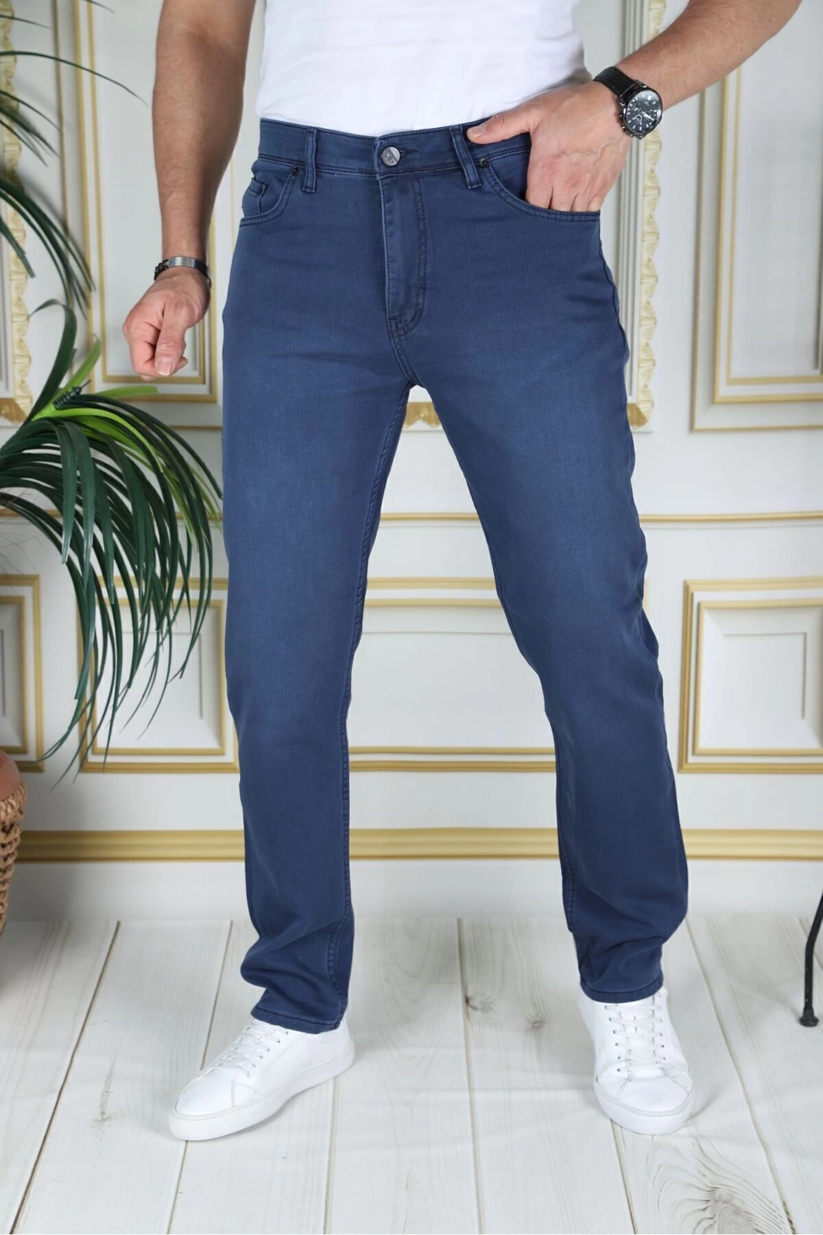 Erkek Mavi Üstten Cepli Armürlü Regular Fit Rahat Kesim Esnek Chino Keten/kanvas Koton Pantolon