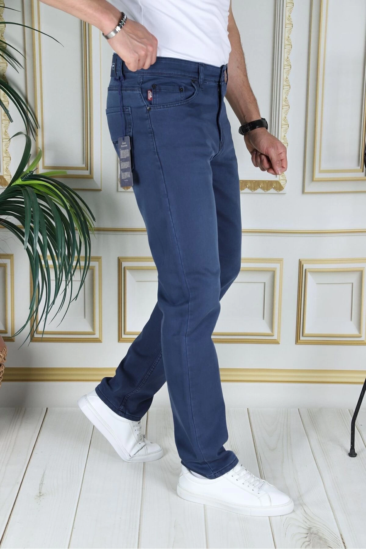 Erkek Mavi Üstten Cepli Armürlü Regular Fit Rahat Kesim Esnek Chino Keten/kanvas Koton Pantolon