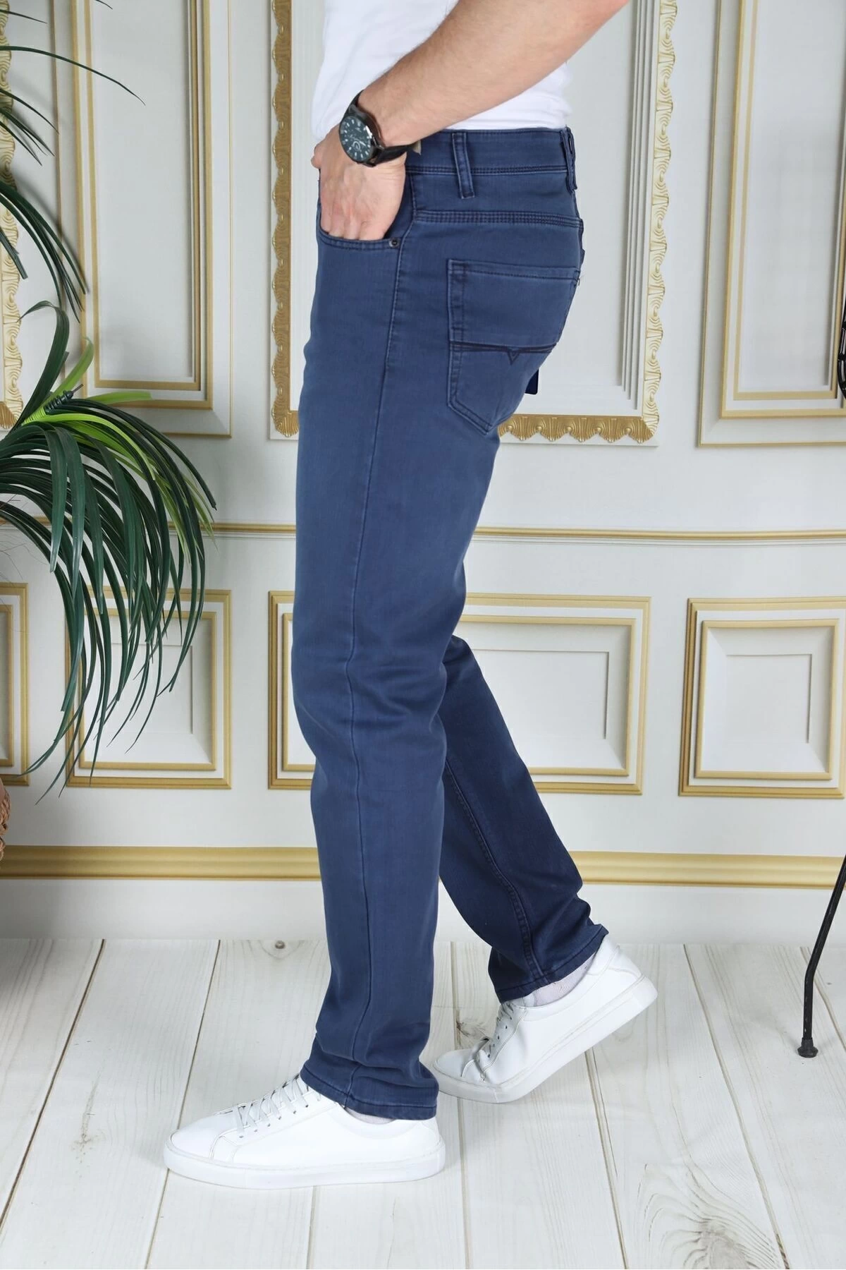 Erkek Mavi Üstten Cepli Armürlü Regular Fit Rahat Kesim Esnek Chino Keten/kanvas Koton Pantolon