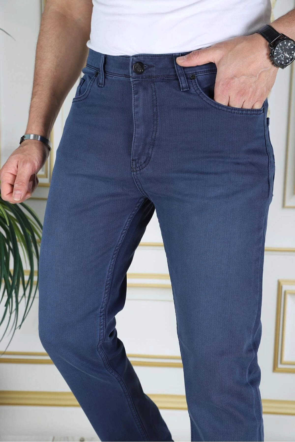 Erkek Mavi Üstten Cepli Armürlü Regular Fit Rahat Kesim Esnek Chino Keten/kanvas Koton Pantolon