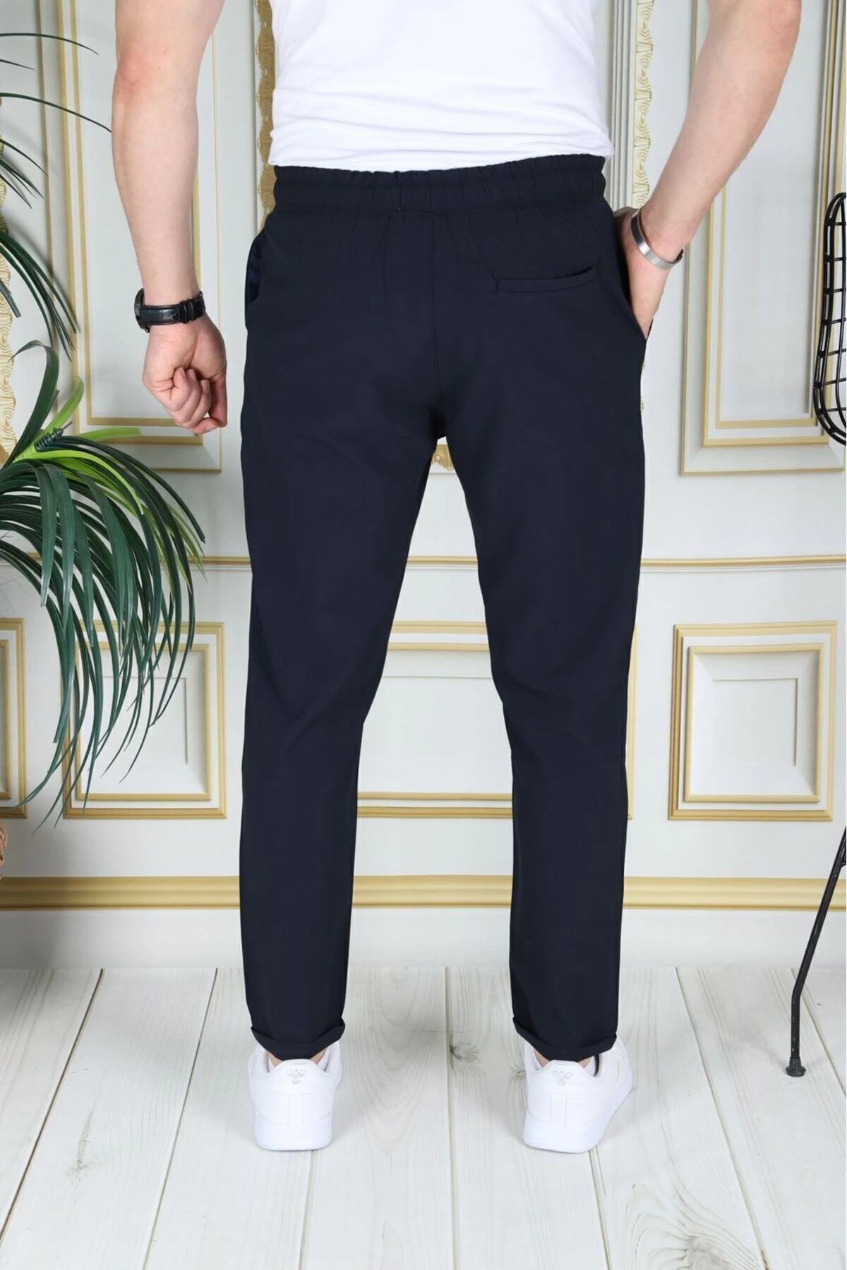 Erkek Lacivert Italyan Kesim Esnek Slim Fit Likralı Lastikli Duble Paça Kumaş Pantolon Okul