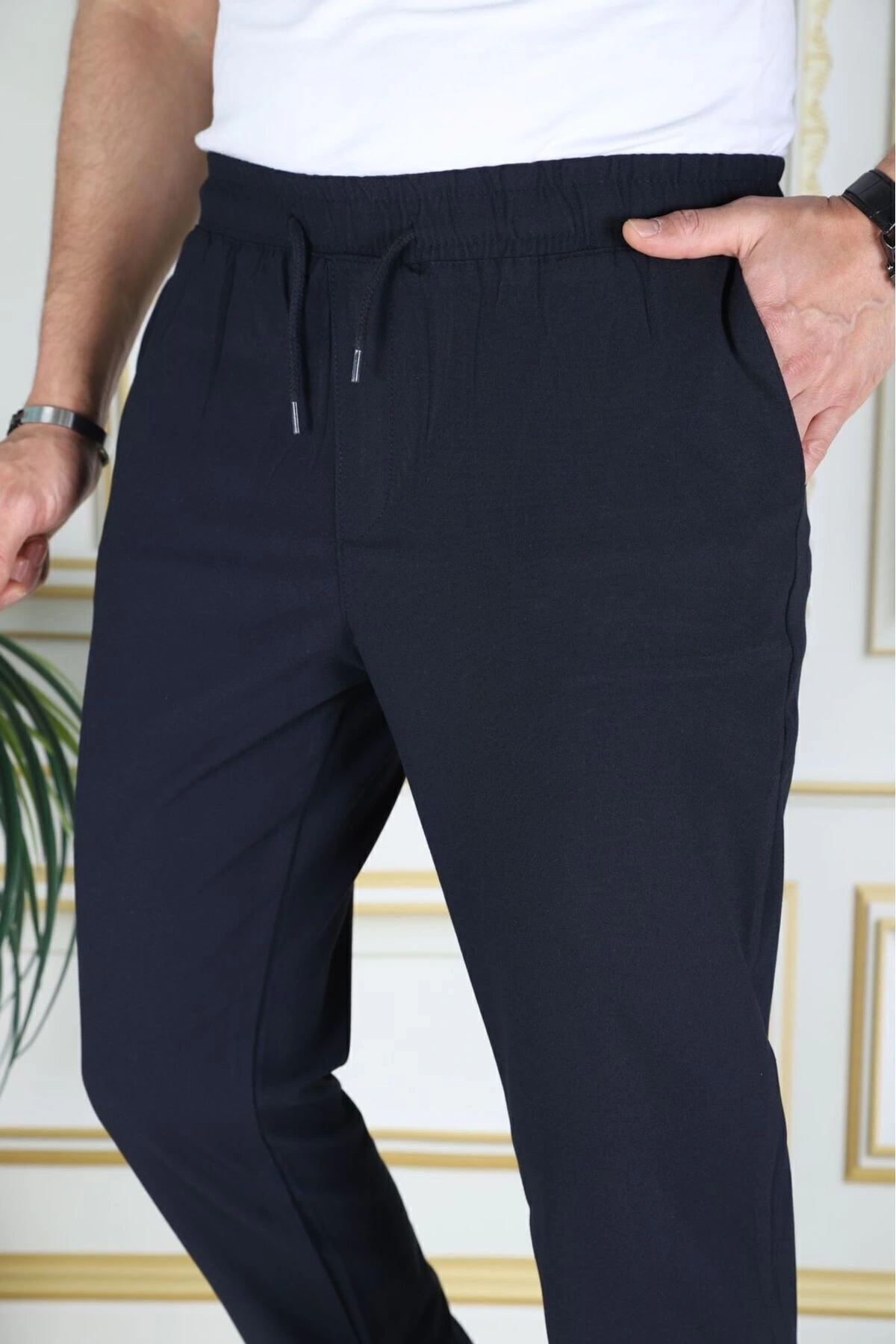 Erkek Lacivert Italyan Kesim Esnek Slim Fit Likralı Lastikli Duble Paça Kumaş Pantolon Okul