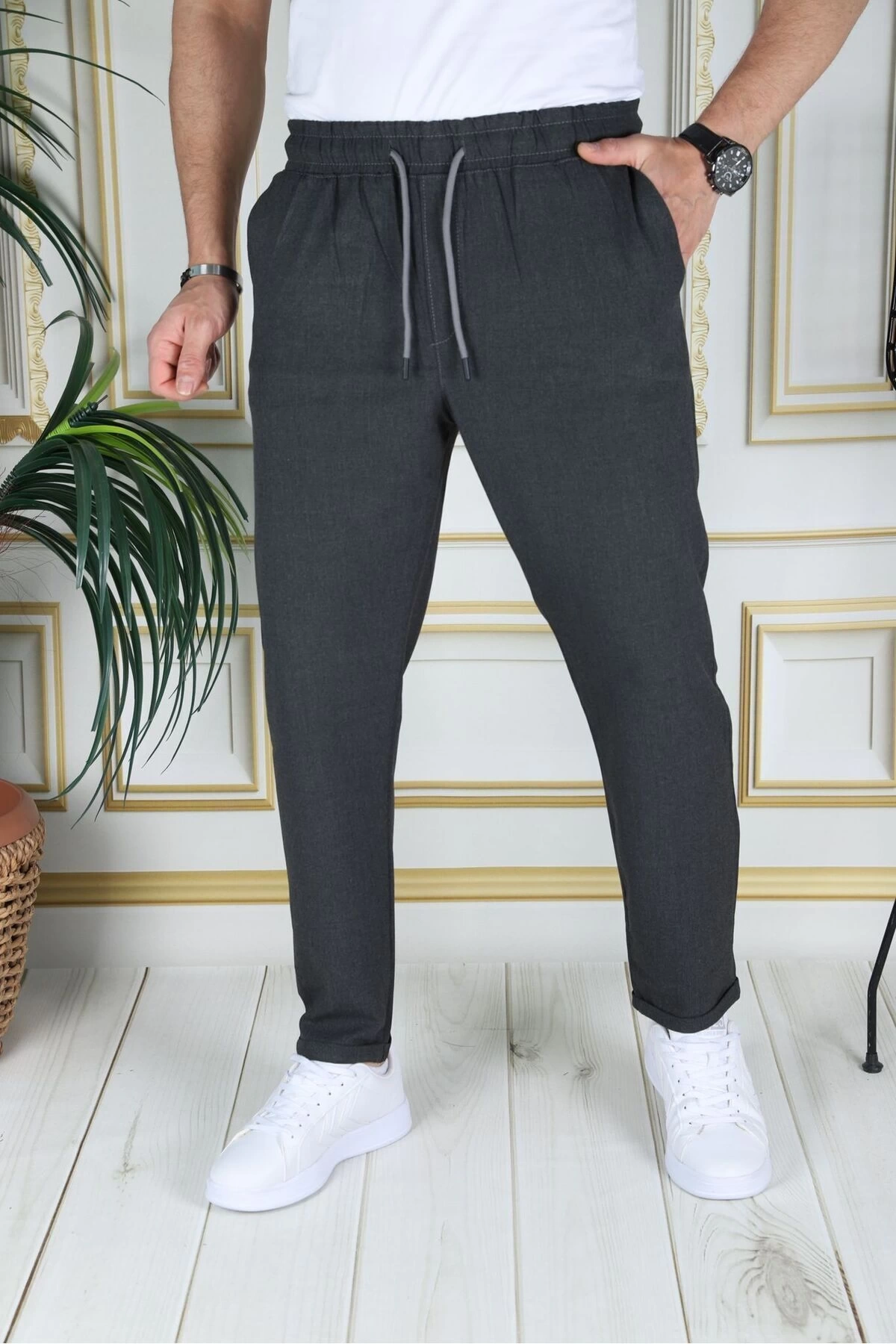 Erkek Koyu Gri Italyan Kesim Esnek Slim Fit Likralı Lastikli Duble Paça Kumaş Pantolon Okul