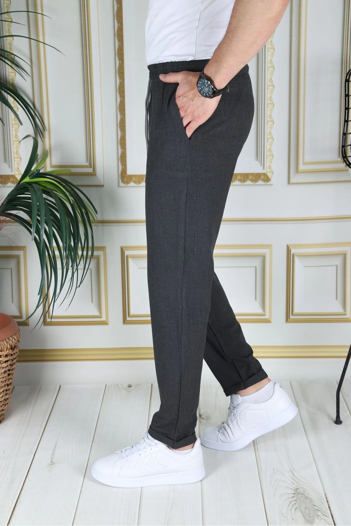 Erkek Koyu Gri Italyan Kesim Esnek Slim Fit Likralı Lastikli Duble Paça Kumaş Pantolon Okul