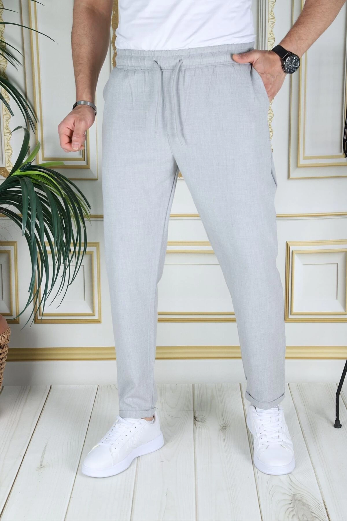 Erkek Italyan Kesim Açık Gri Esnek Slim Fit Likralı Lastikli Duble Paça Kumaş Pantolon Okul