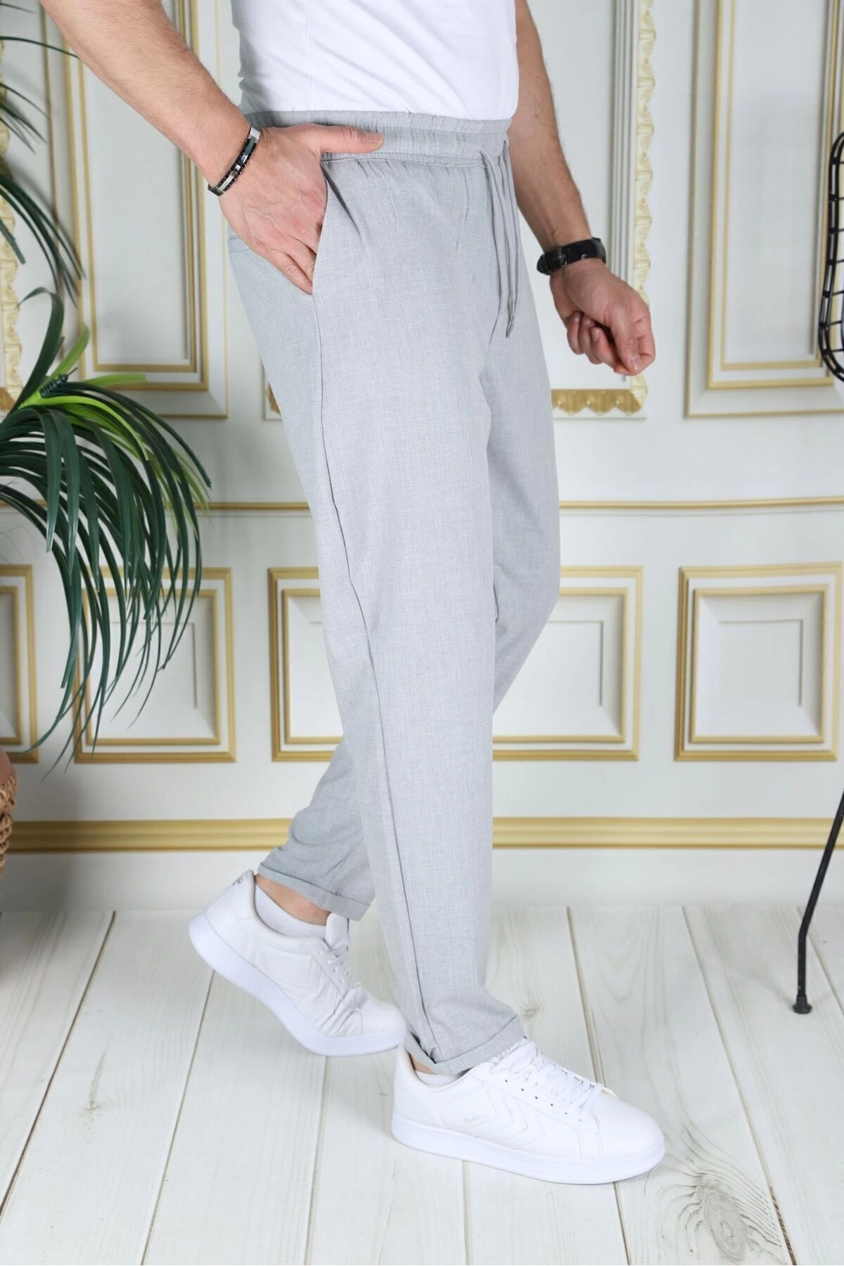 Erkek Italyan Kesim Açık Gri Esnek Slim Fit Likralı Lastikli Duble Paça Kumaş Pantolon Okul