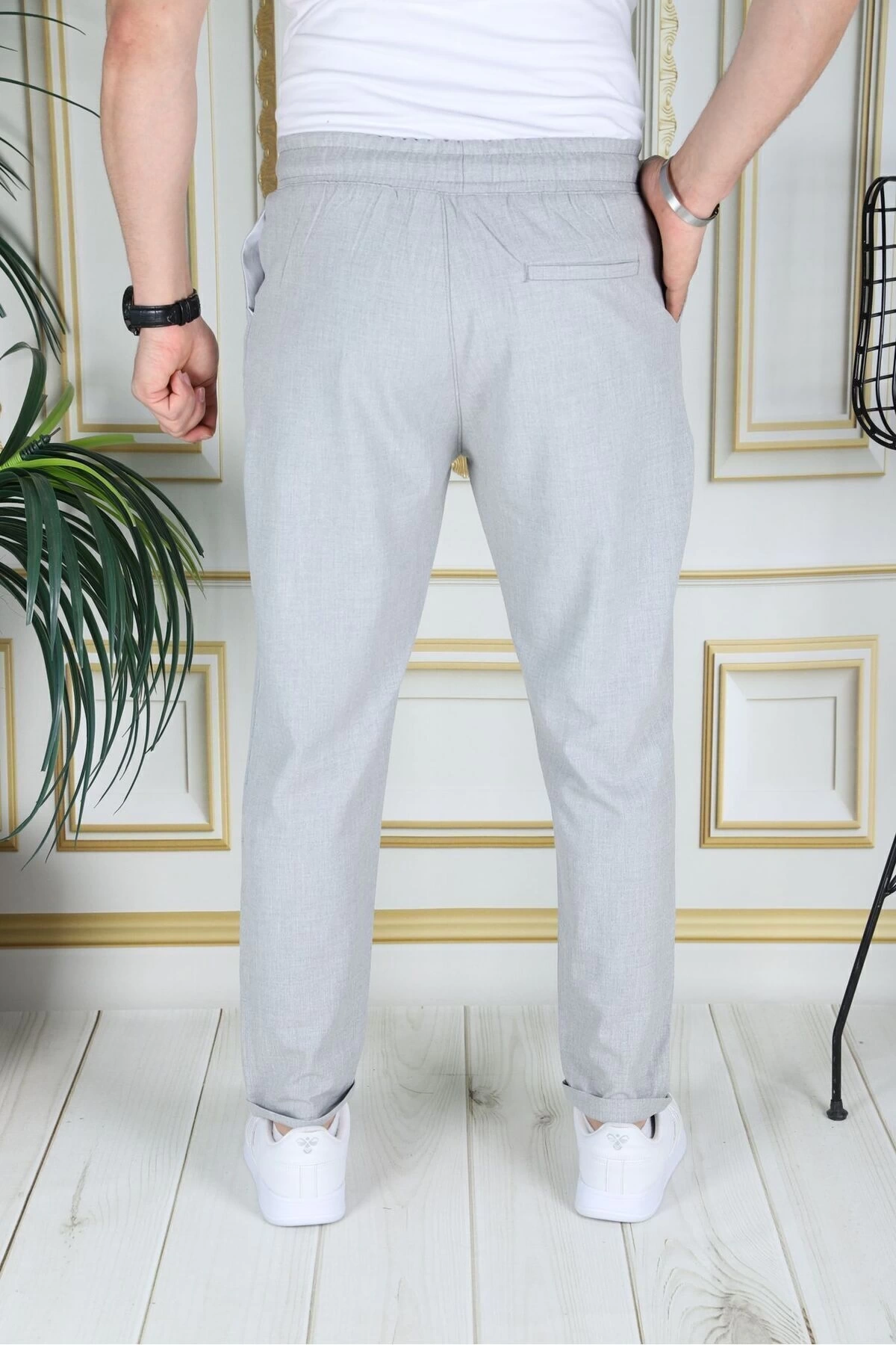 Erkek Italyan Kesim Açık Gri Esnek Slim Fit Likralı Lastikli Duble Paça Kumaş Pantolon Okul