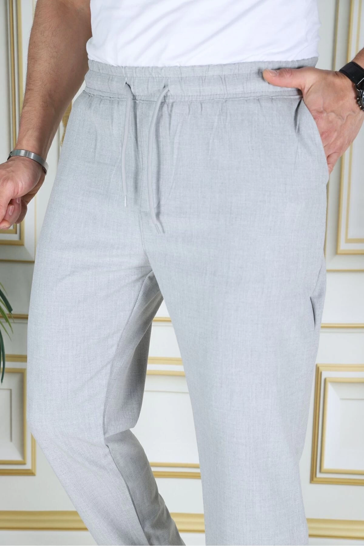 Erkek Italyan Kesim Açık Gri Esnek Slim Fit Likralı Lastikli Duble Paça Kumaş Pantolon Okul