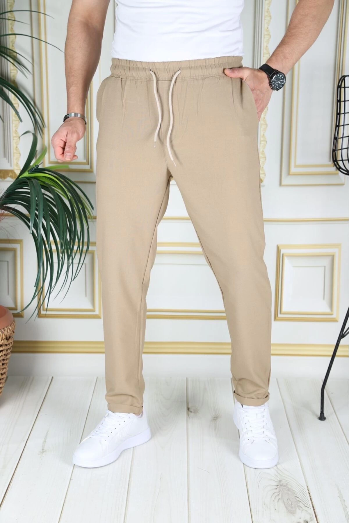 Erkek Hardal Italyan Kesim Esnek Slim Fit Likralı Lastikli Duble Paça Kumaş Pantolon Okul