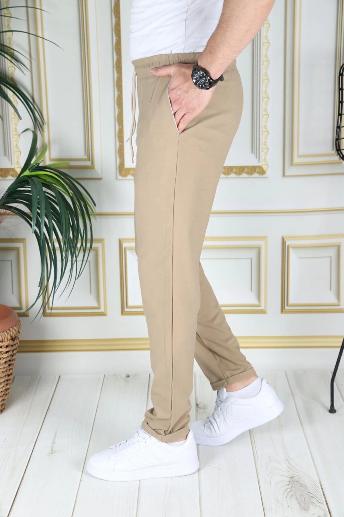 Erkek Hardal Italyan Kesim Esnek Slim Fit Likralı Lastikli Duble Paça Kumaş Pantolon Okul