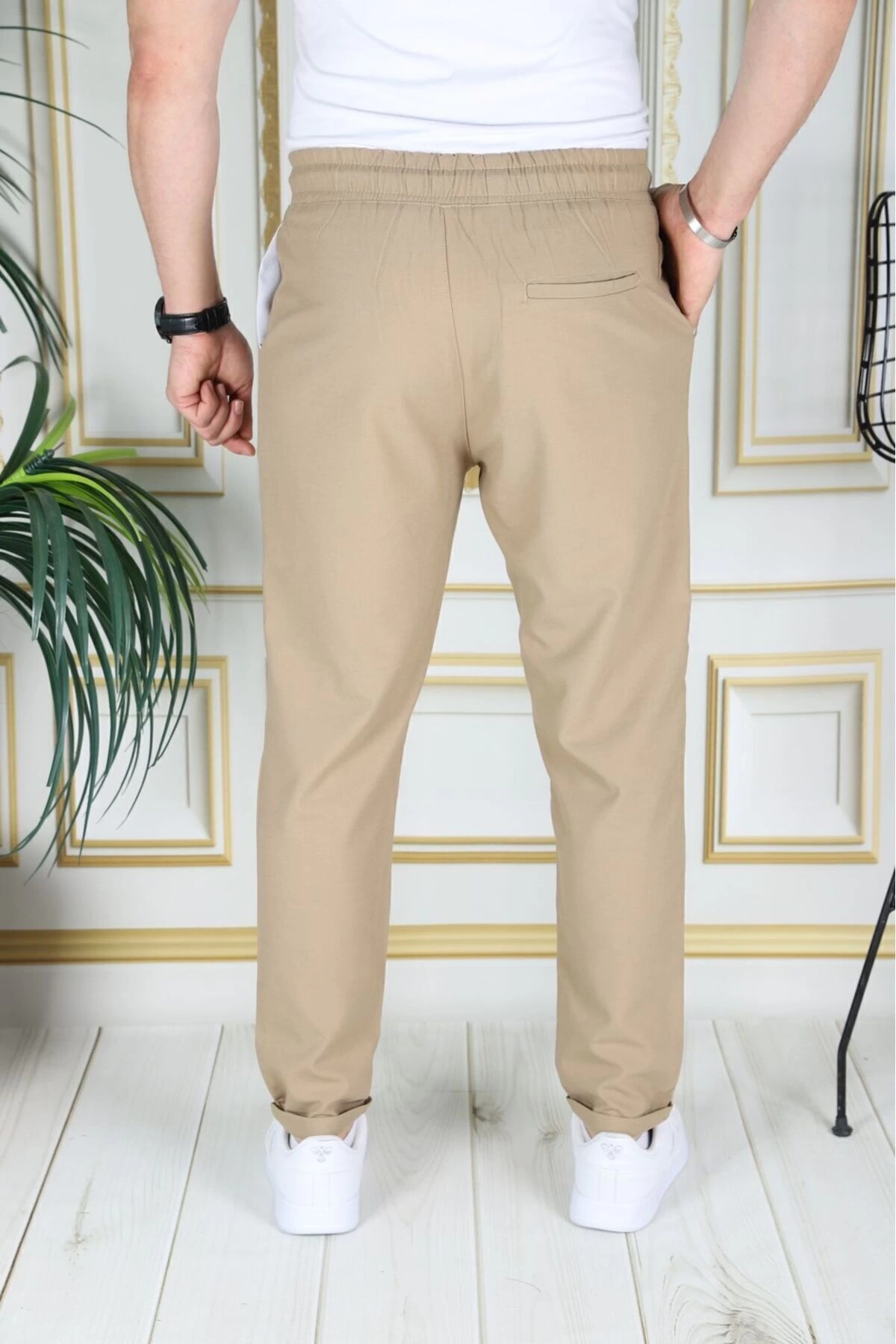 Erkek Hardal Italyan Kesim Esnek Slim Fit Likralı Lastikli Duble Paça Kumaş Pantolon Okul