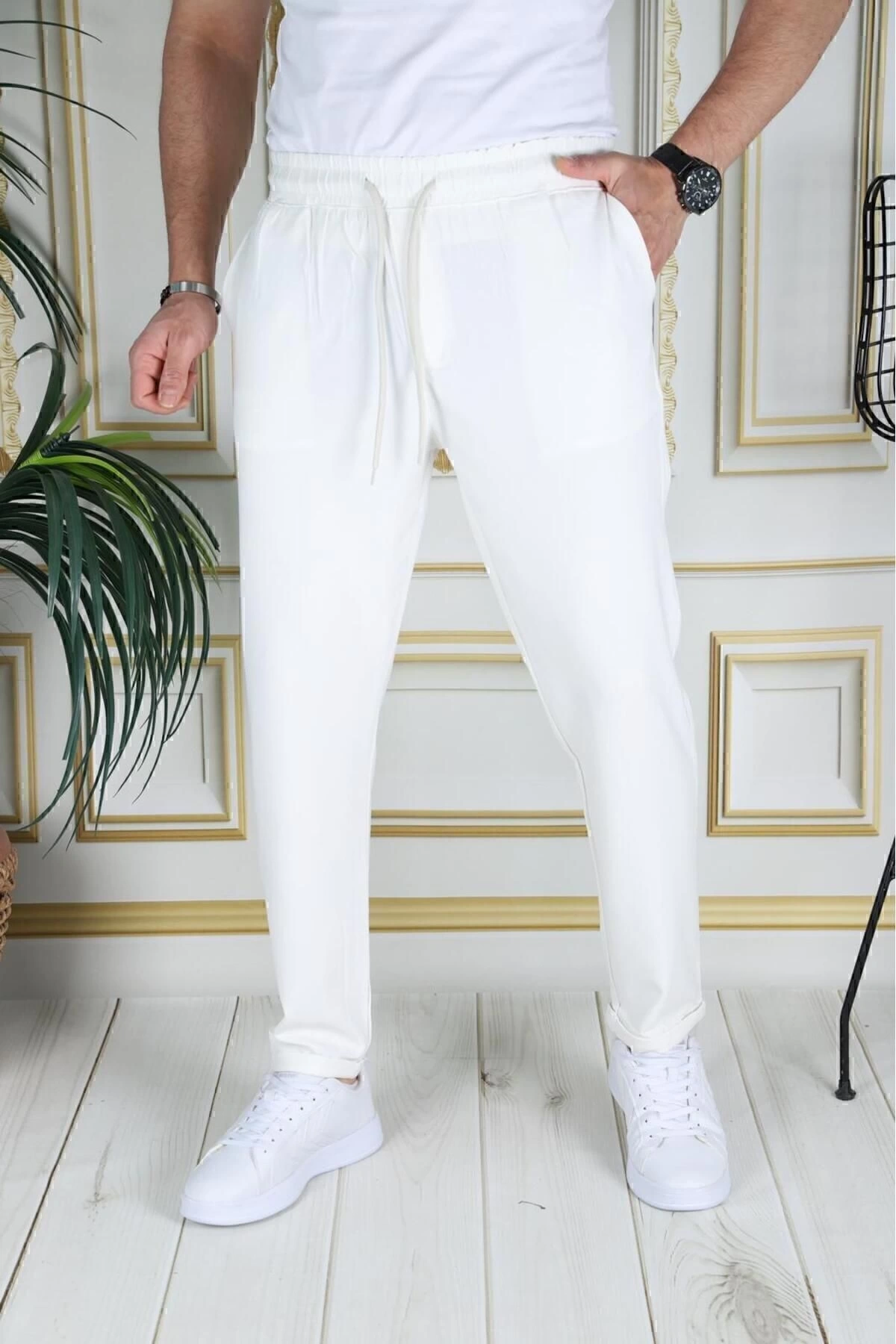 Erkek Beyaz Italyan Kesim Slim Fit Likralı Lastikli Duble Paça Kumaş Pantolon Okul Hemşire