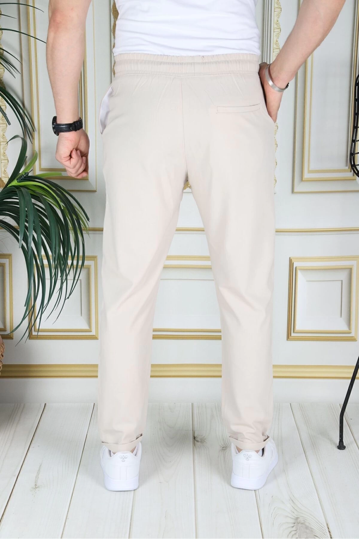 Erkek Bej Italyan Kesim Kaliteli Slim Fit Likralı Lastikli Bağcıklı Duble Paça Kumaş Pantolon Okul