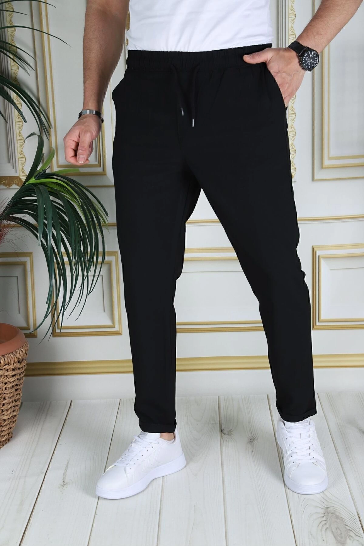 Erkek Siyah Italyan Kesim Kaliteli Esnek Slim Fit Likralı Lastikli Duble Paça Kumaş Pantolon Okul