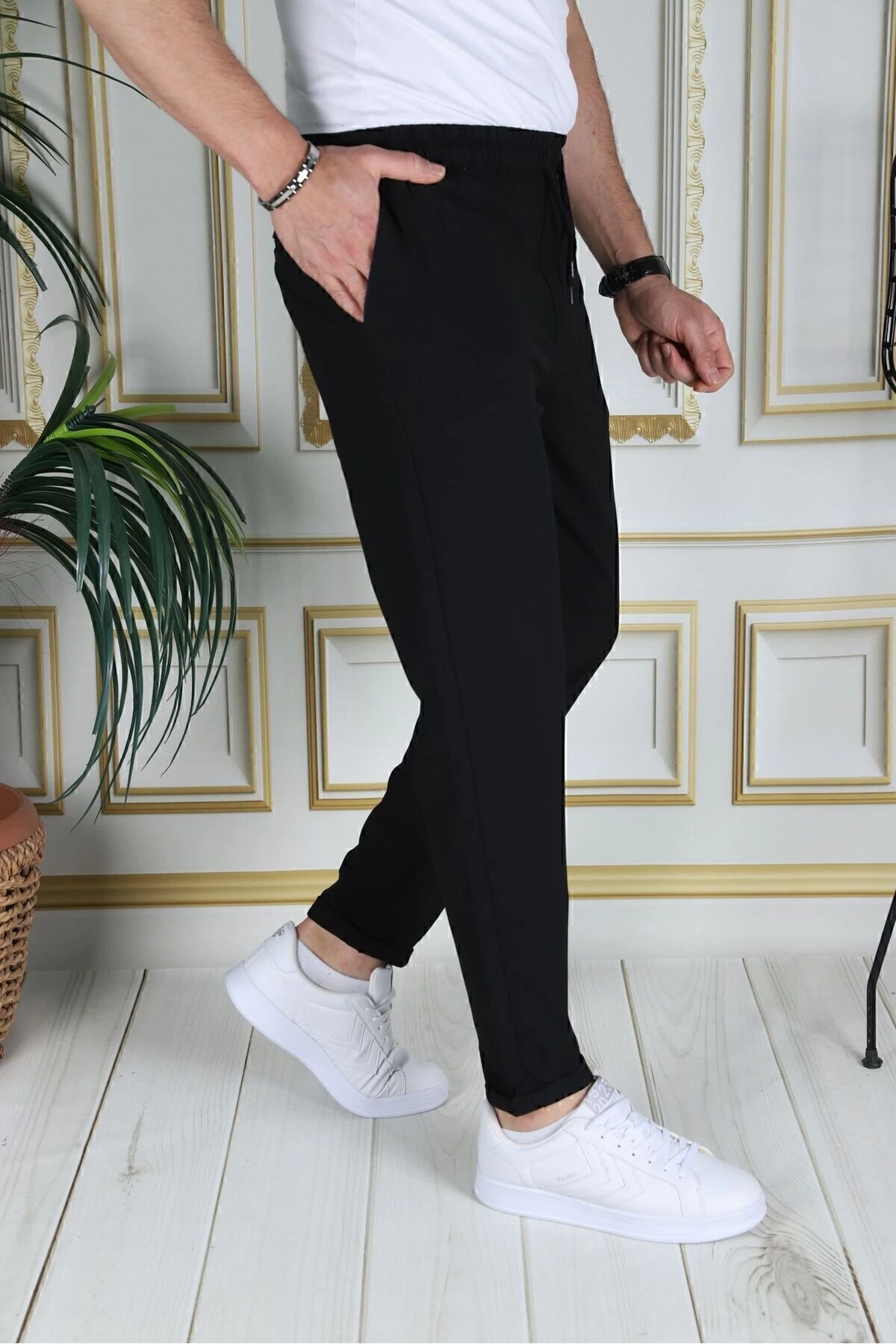 Erkek Siyah Italyan Kesim Kaliteli Esnek Slim Fit Likralı Lastikli Duble Paça Kumaş Pantolon Okul