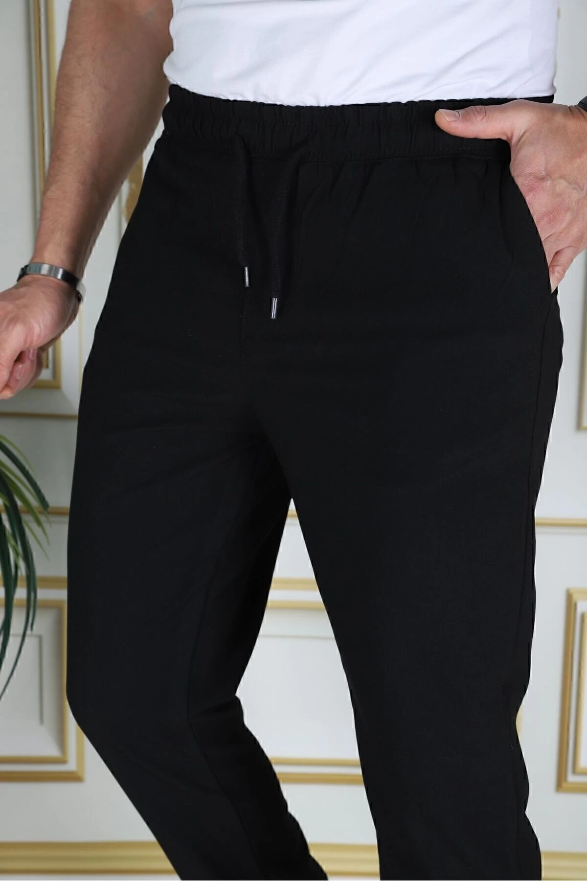 Erkek Siyah Italyan Kesim Kaliteli Esnek Slim Fit Likralı Lastikli Duble Paça Kumaş Pantolon Okul