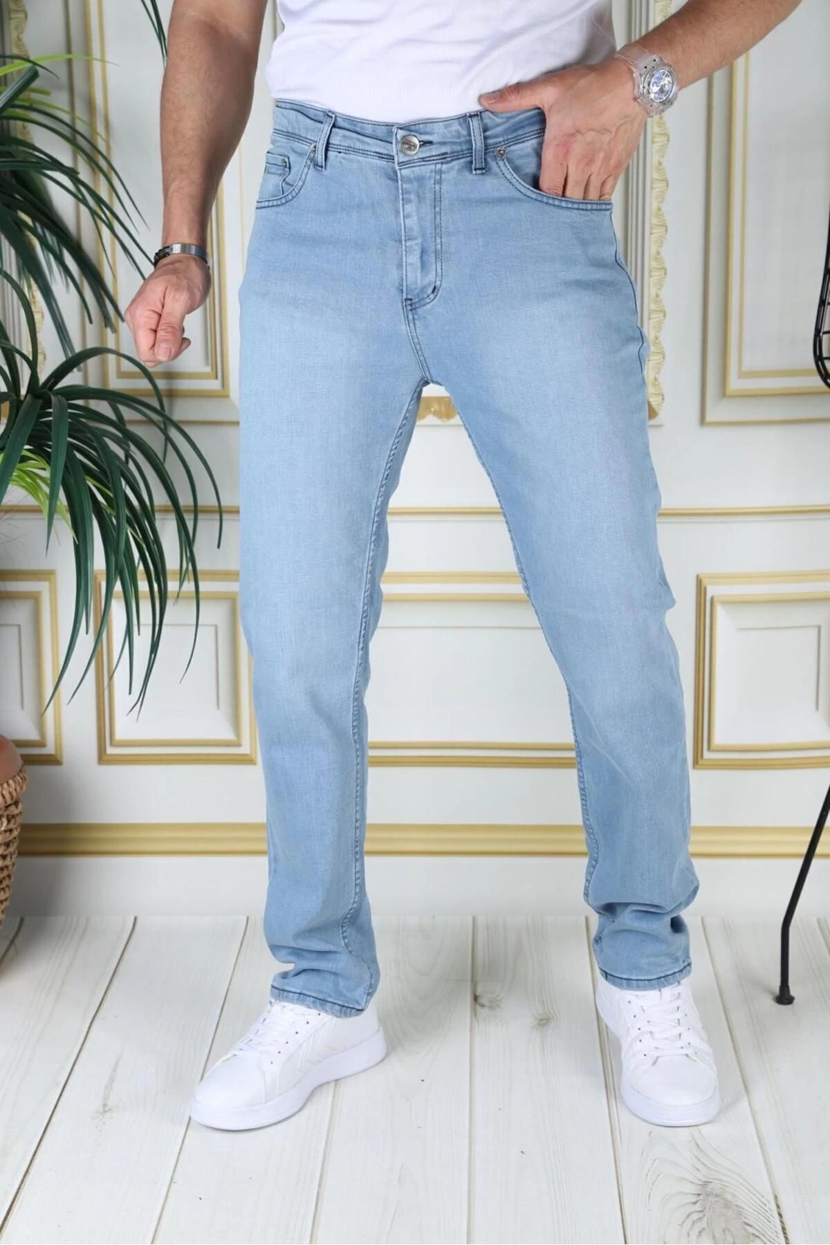 Erkek Buz Mavi Regular Fit Rahat Kesim Esnek Likralı Denim Jeans Şık Kot Pantolon