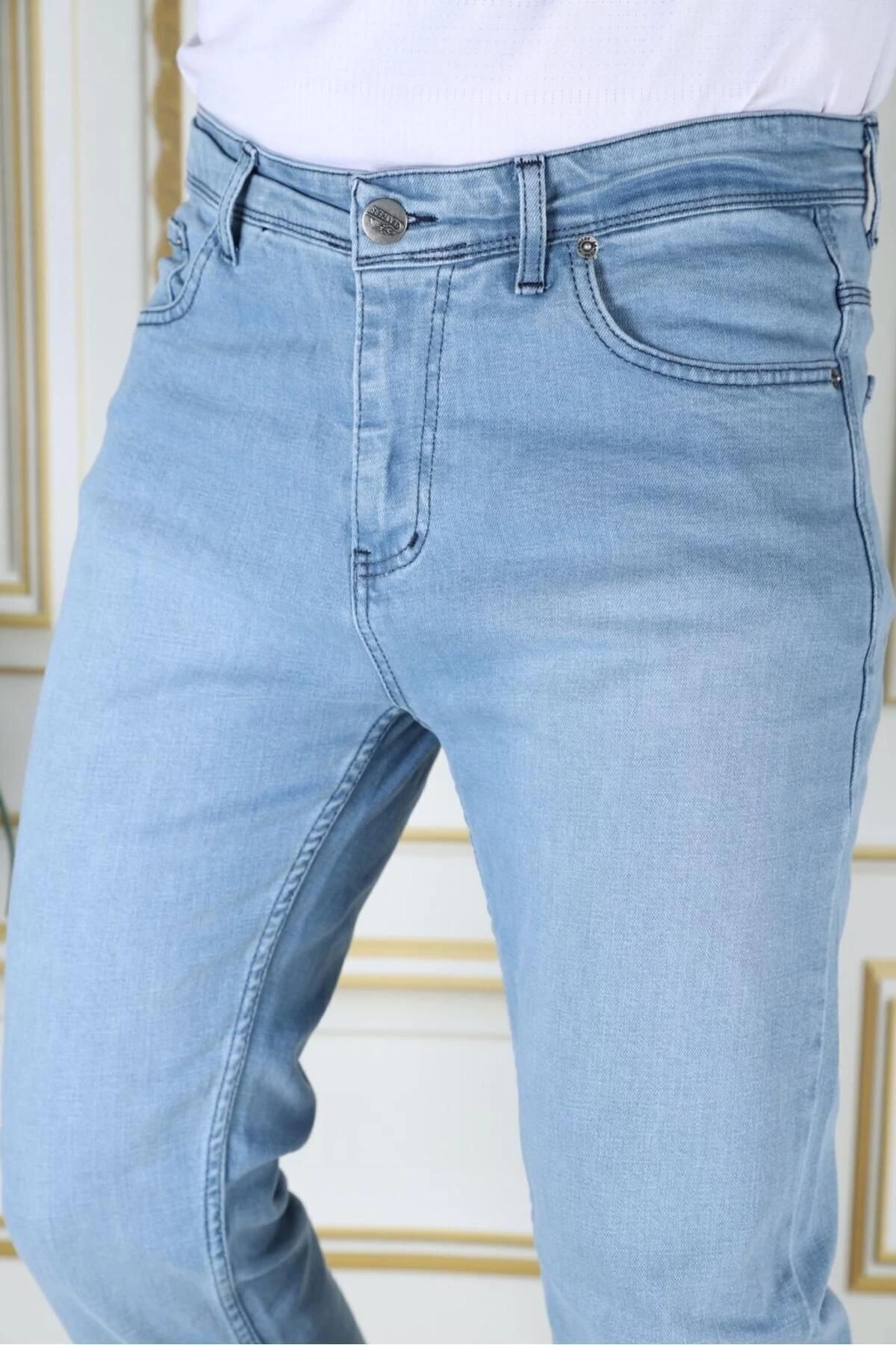 Erkek Buz Mavi Regular Fit Rahat Kesim Esnek Likralı Denim Jeans Şık Kot Pantolon