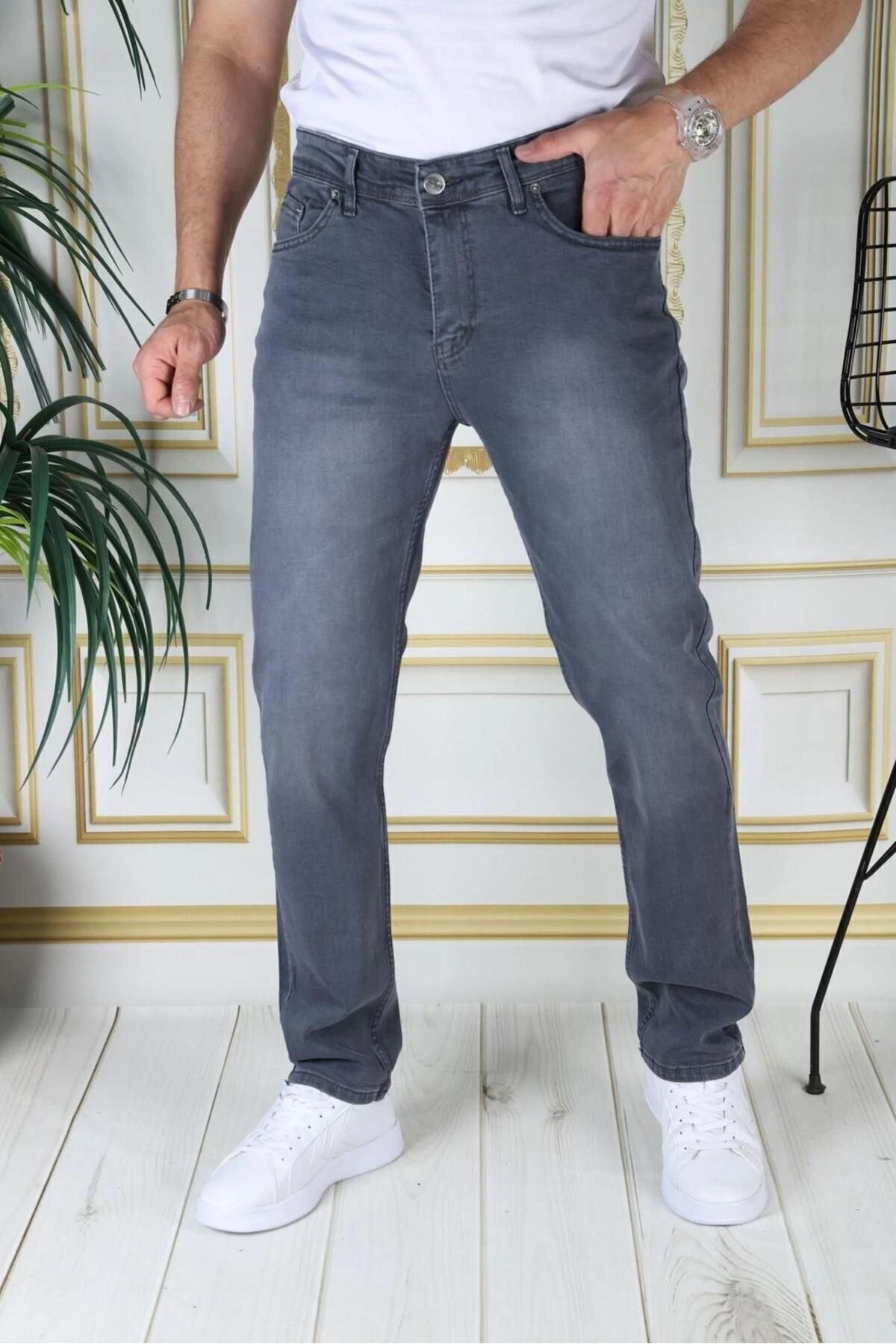 Erkek Gri Regular Fit Rahat Kesim Esnek Likralı Denim Jeans Şık Kot Pantolon