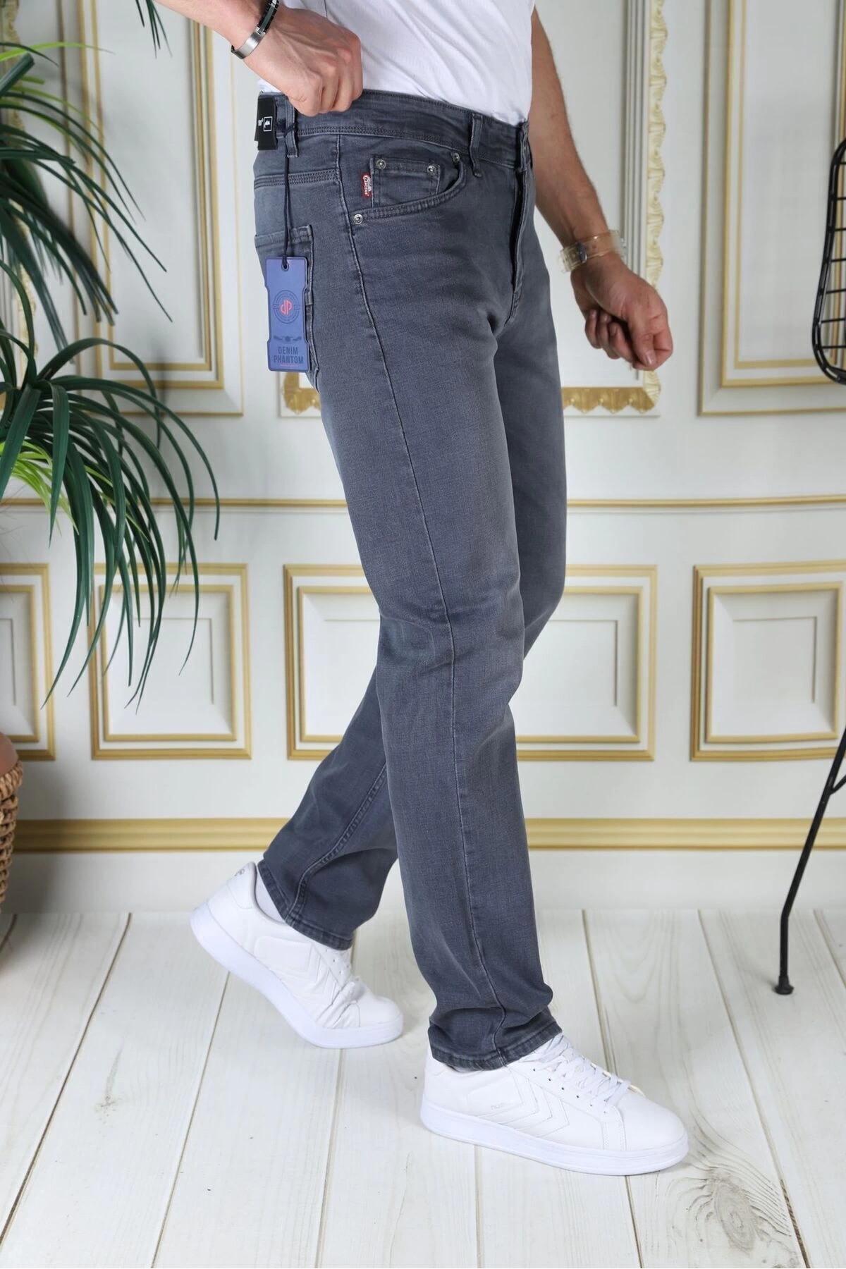 Erkek Gri Regular Fit Rahat Kesim Esnek Likralı Denim Jeans Şık Kot Pantolon