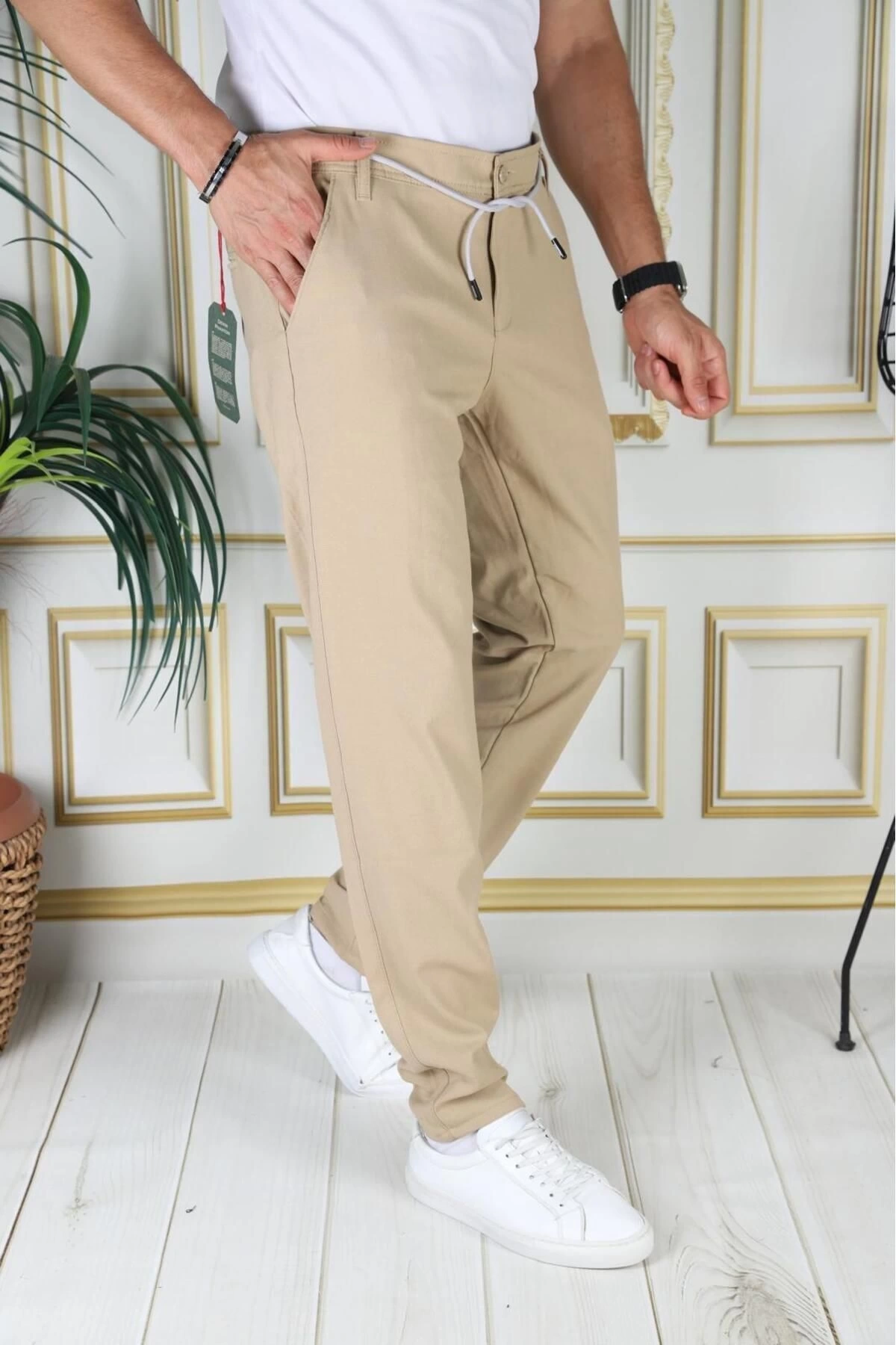 Erkek Hardal Italyan Kesim Kaliteli Esnek Slim Fit Likralı Lastikli Şık Koton Kumaş Pantolon Okul