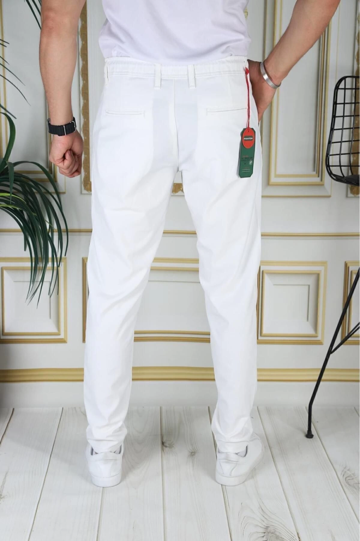 Erkek Beyaz Italyan Kesim Esnek Slim Fit Likralı Lastikli Şık Koton Kumaş Pantolon Okul Hemşire