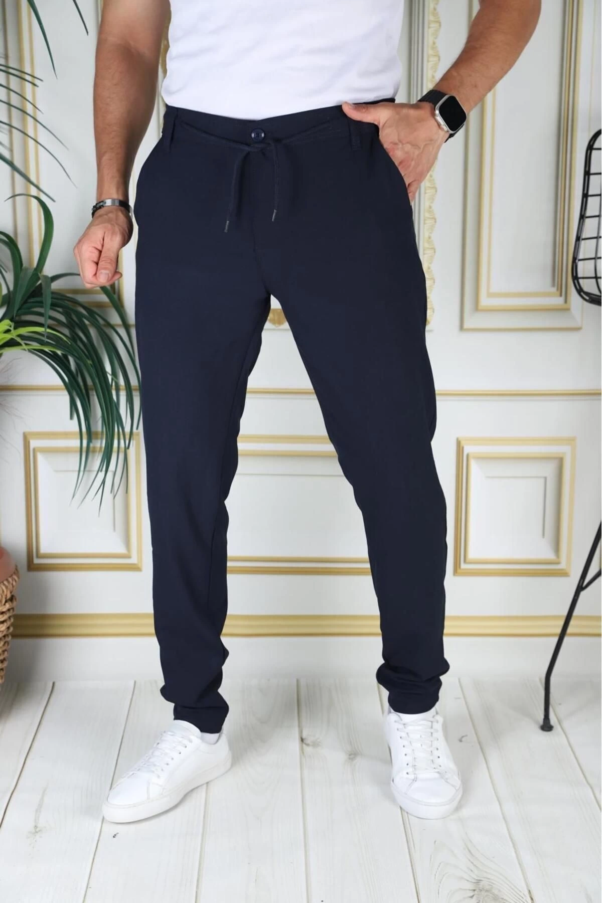 Erkek Lacivert Italyan Kesim Kaliteli Slim Fit Likralı Lastikli Şık Koton Kumaş Pantolon Okul