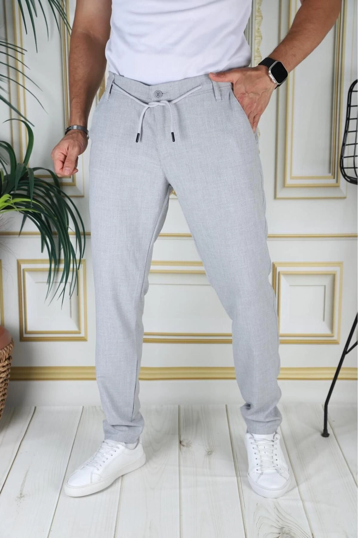 Erkek Açık Gri Italyan Kesim Kaliteli Slim Fit Likralı Lastikli Şık Koton Kumaş Pantolon Okul