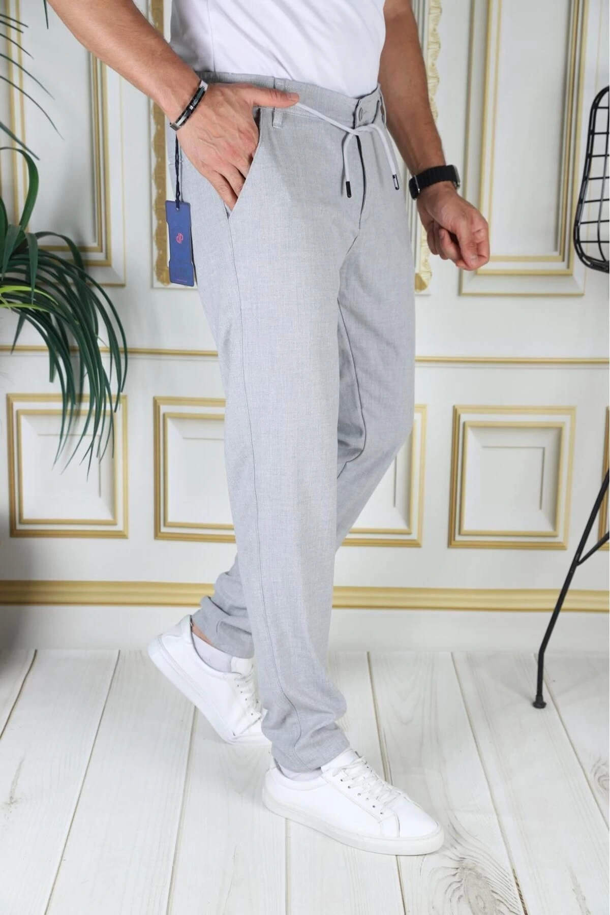 Erkek Açık Gri Italyan Kesim Kaliteli Slim Fit Likralı Lastikli Şık Koton Kumaş Pantolon Okul