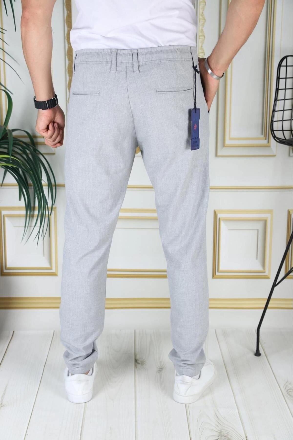 Erkek Açık Gri Italyan Kesim Kaliteli Slim Fit Likralı Lastikli Şık Koton Kumaş Pantolon Okul