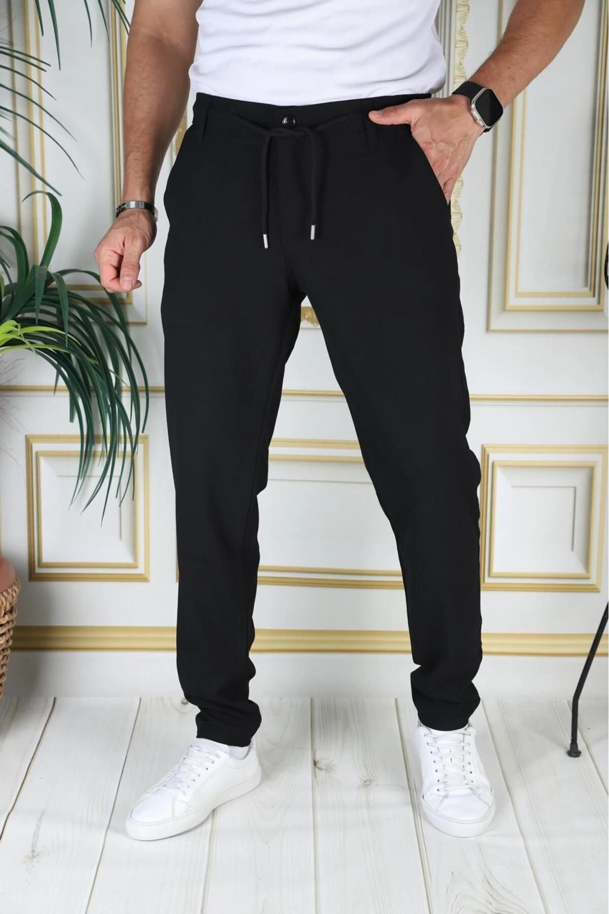 Erkek Siyah Italyan Kesim Kaliteli Esnek Slim Fit Likralı Lastikli Şık Koton Kumaş Pantolon Okul