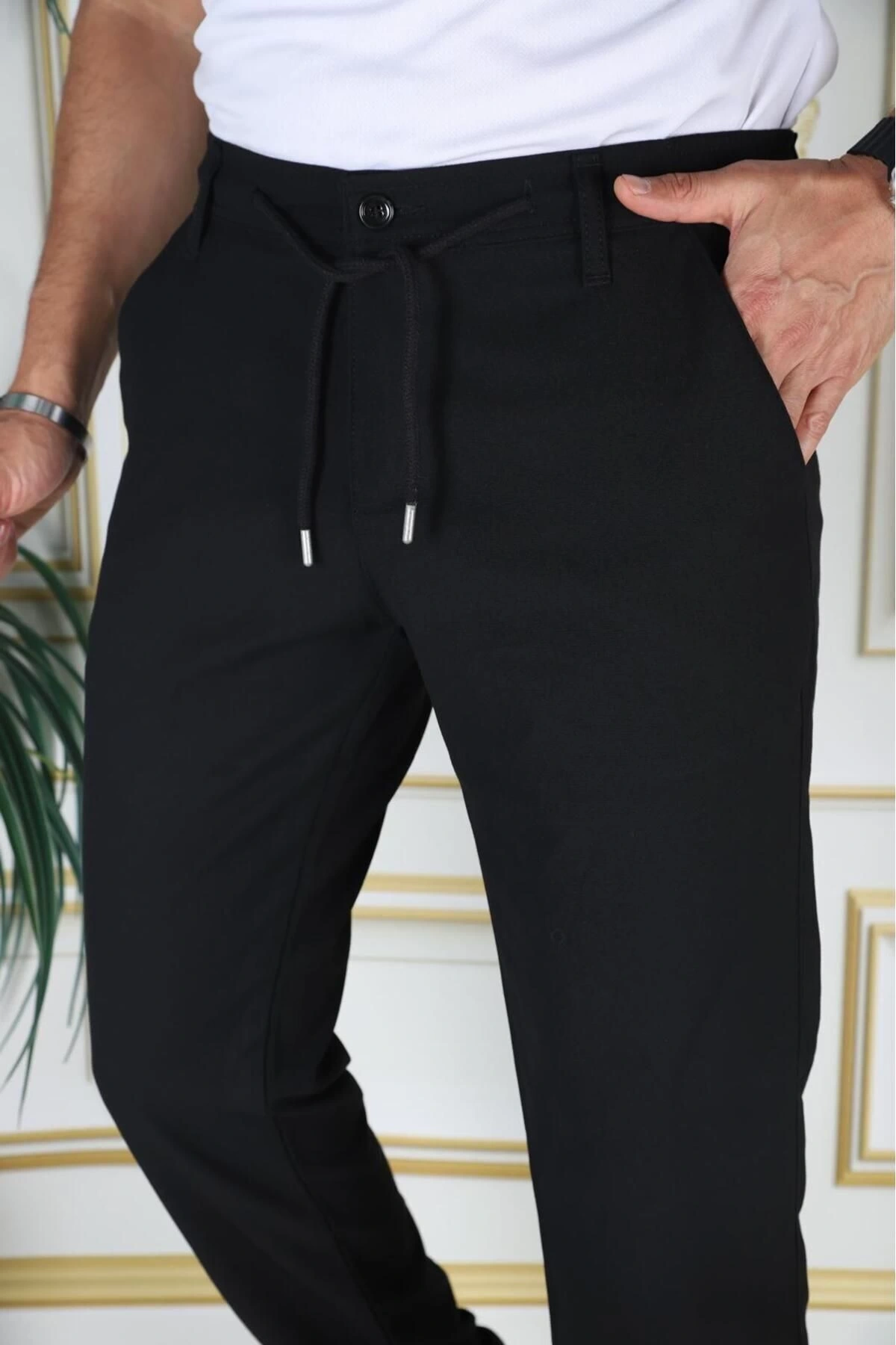 Erkek Siyah Italyan Kesim Kaliteli Esnek Slim Fit Likralı Lastikli Şık Koton Kumaş Pantolon Okul