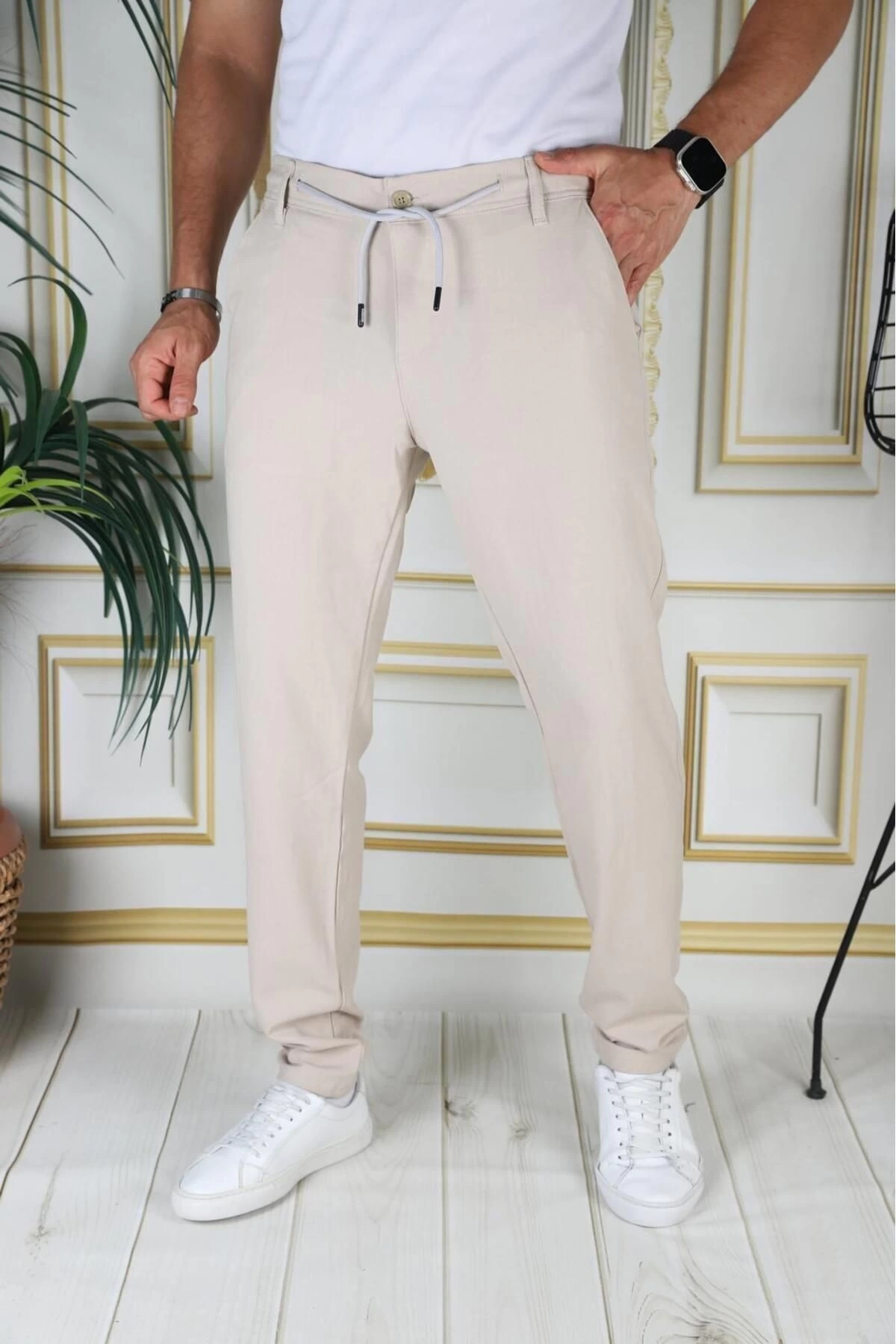 Erkek Bej Italyan Kesim Kaliteli Esnek Slim Fit Likralı Lastikli Ipli Şık Koton Kumaş Pantolon Okul