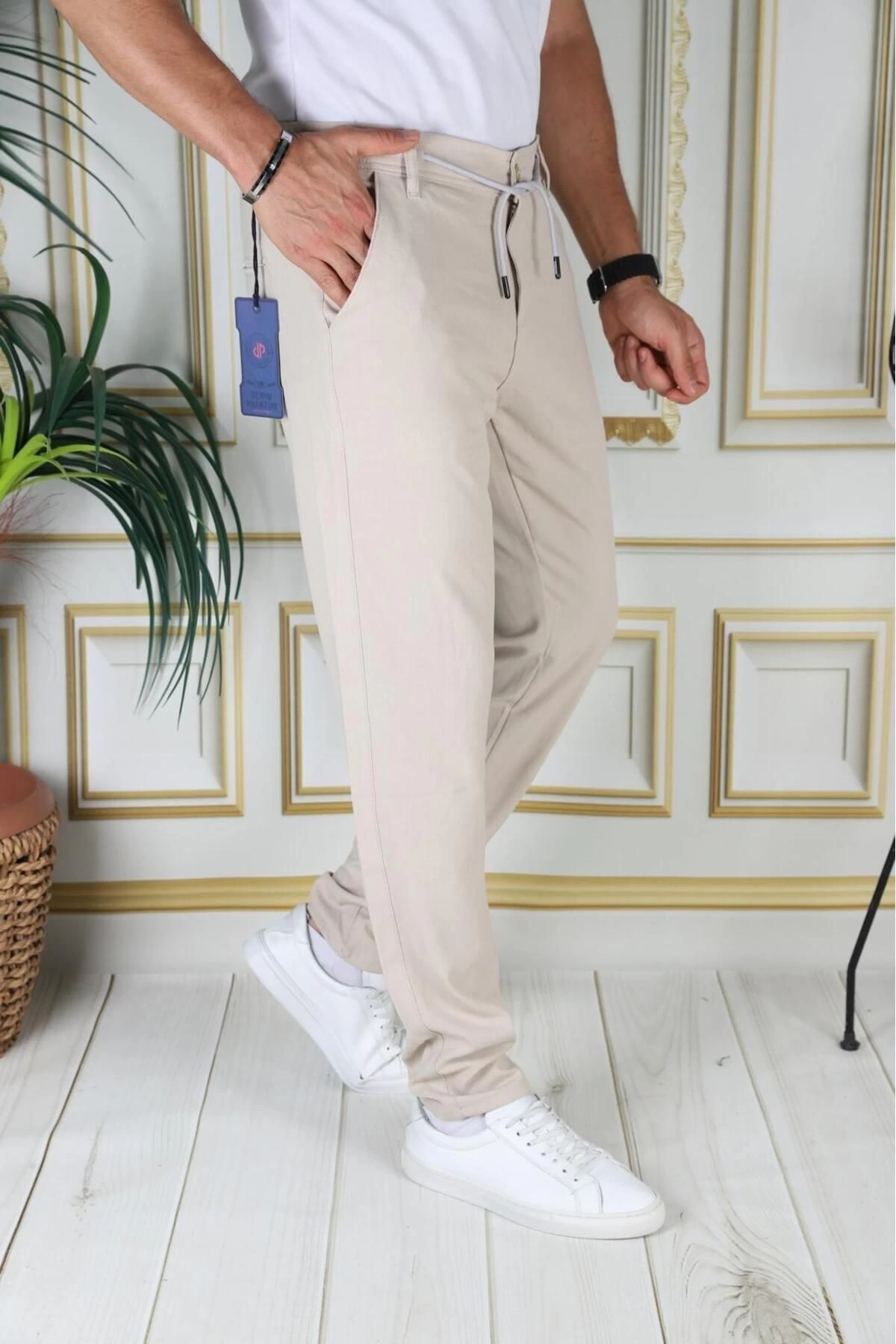 Erkek Bej Italyan Kesim Kaliteli Esnek Slim Fit Likralı Lastikli Ipli Şık Koton Kumaş Pantolon Okul