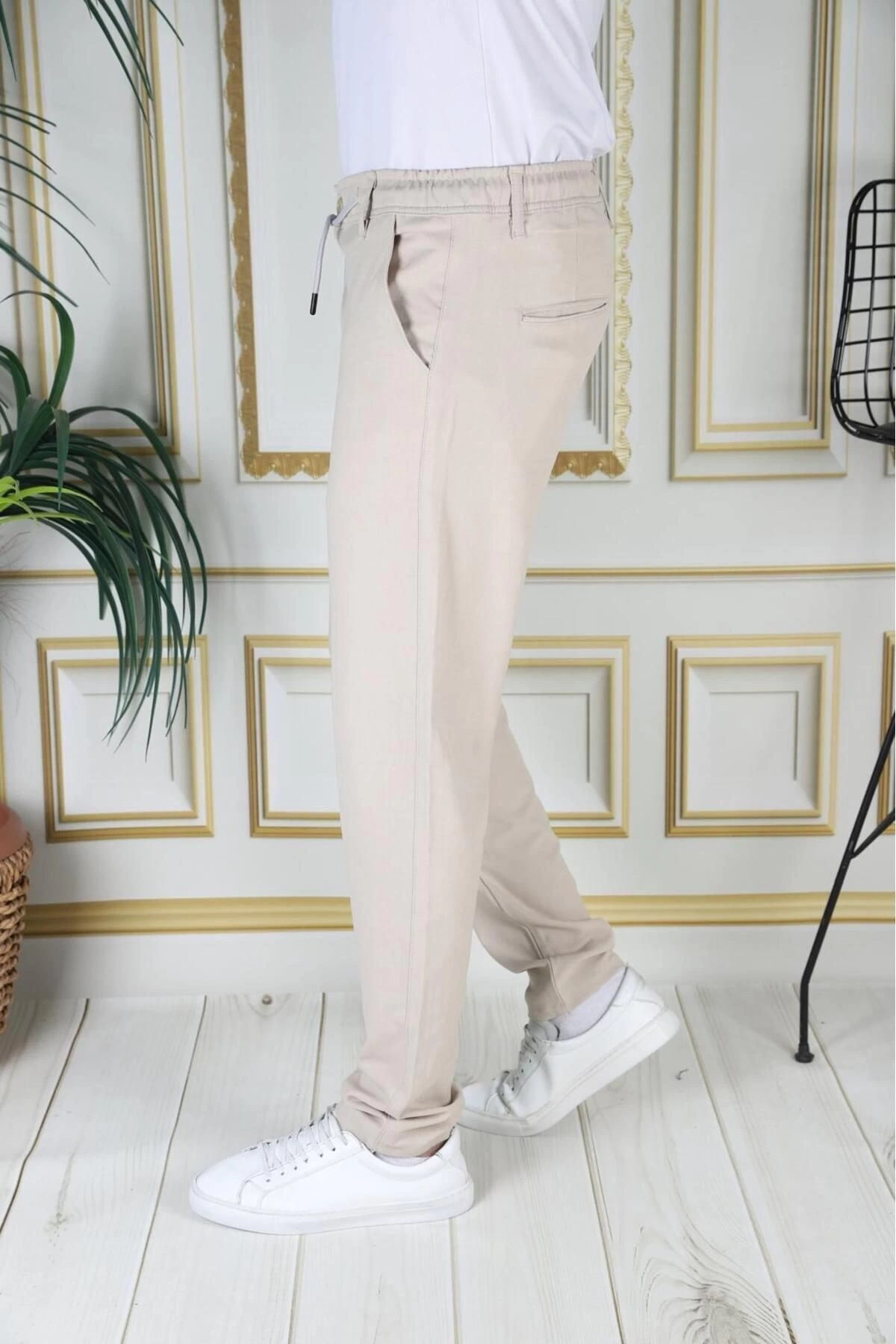 Erkek Bej Italyan Kesim Kaliteli Esnek Slim Fit Likralı Lastikli Ipli Şık Koton Kumaş Pantolon Okul
