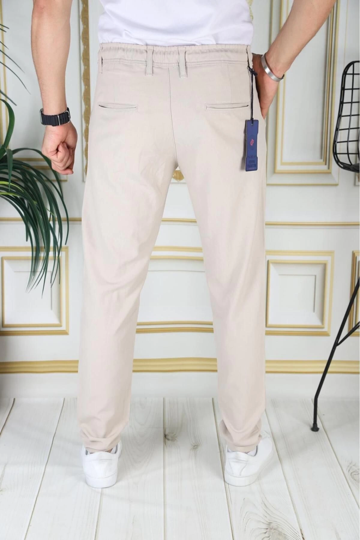 Erkek Bej Italyan Kesim Kaliteli Esnek Slim Fit Likralı Lastikli Ipli Şık Koton Kumaş Pantolon Okul