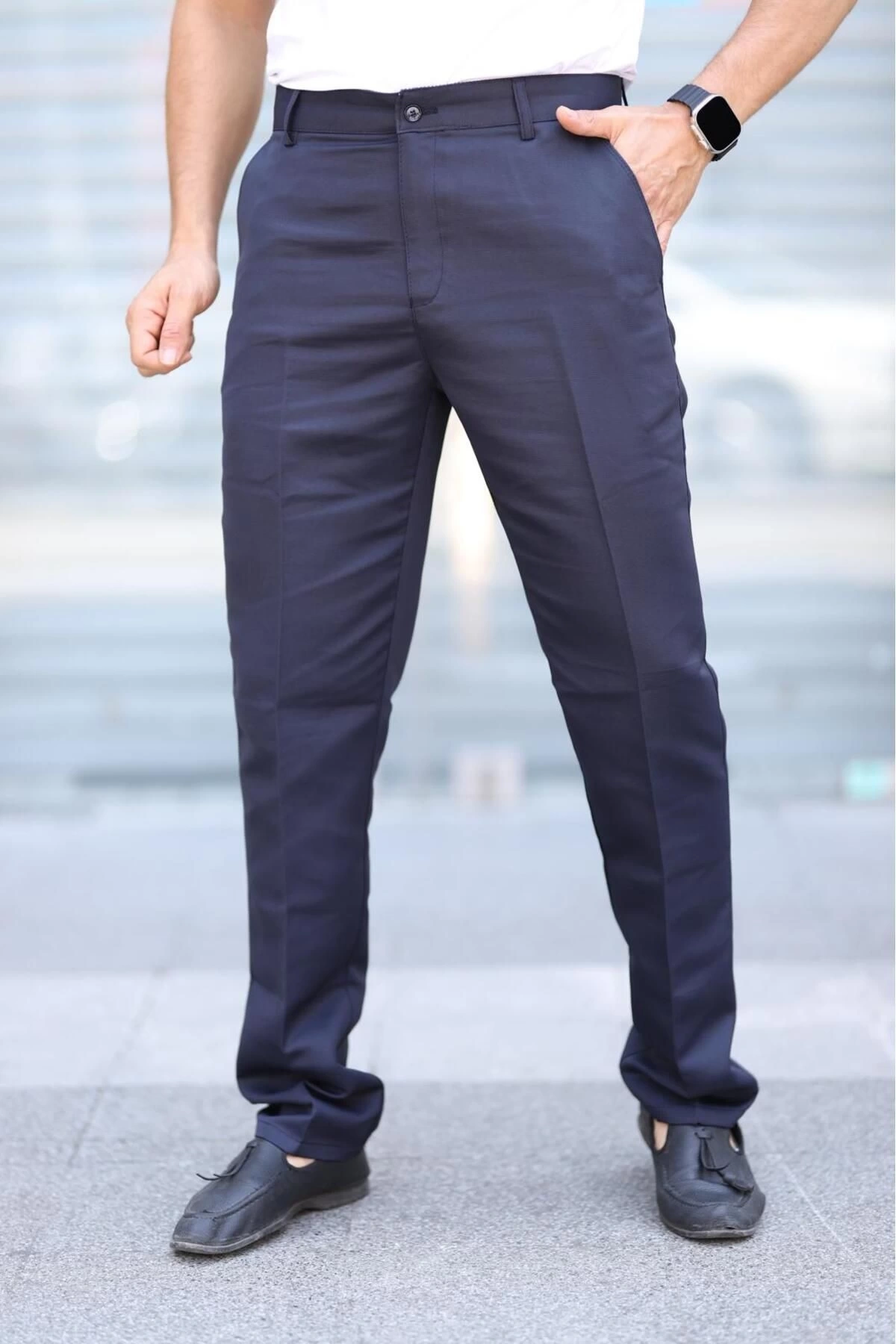 Klasik Kesim Lacivert Mevsimlik Yan Cepli Keten Poliviskon Kumaş Baba Pantolonu Kumaş Pantolon