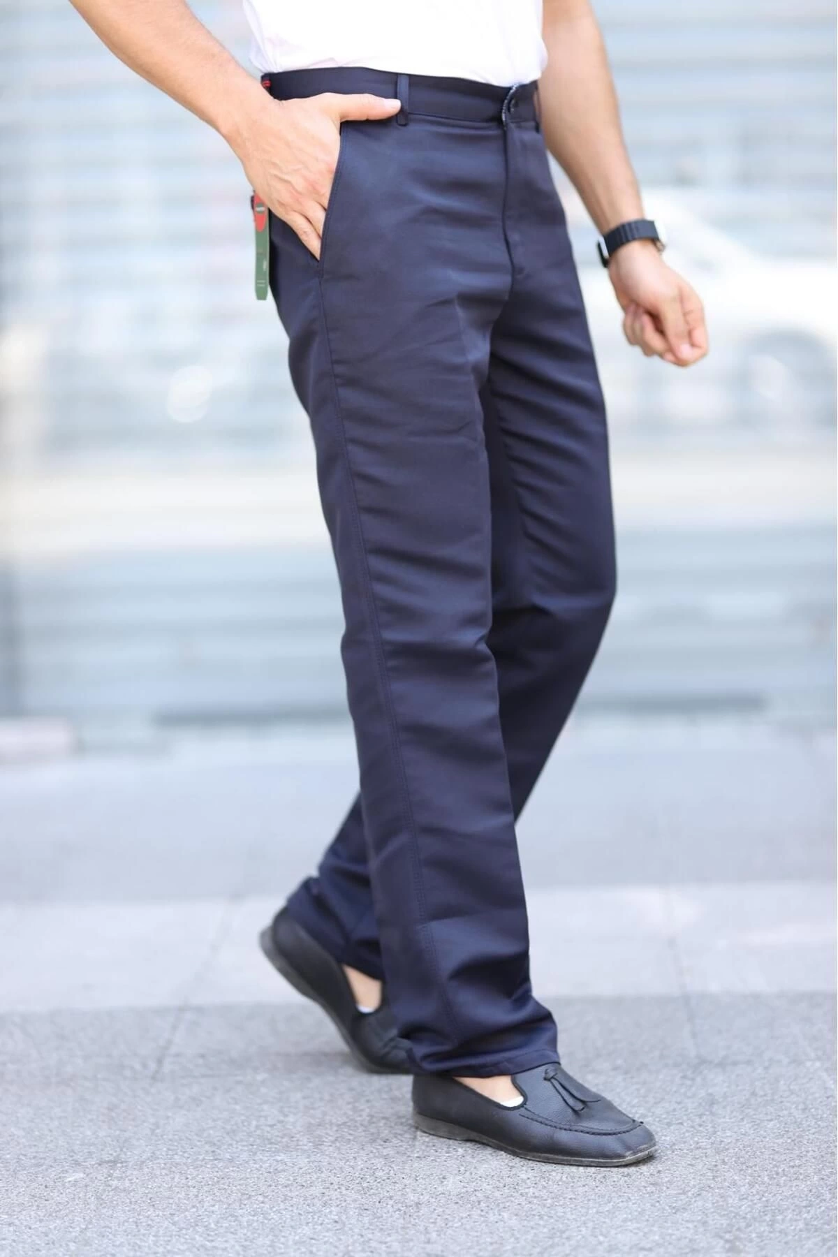 Klasik Kesim Lacivert Mevsimlik Yan Cepli Keten Poliviskon Kumaş Baba Pantolonu Kumaş Pantolon