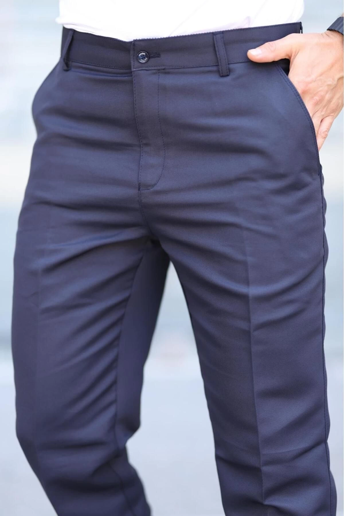 Klasik Kesim Lacivert Mevsimlik Yan Cepli Keten Poliviskon Kumaş Baba Pantolonu Kumaş Pantolon