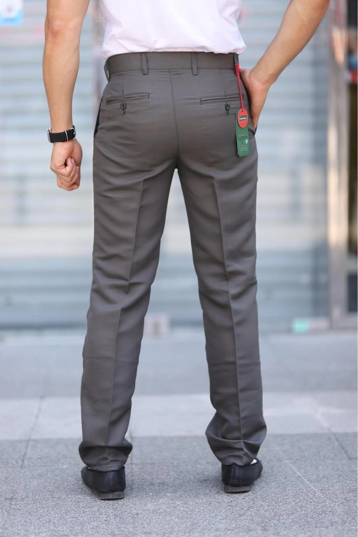 Klasik Kesim Haki Renk Mevsimlik Yan Cepli Keten Poliviskon Kumaş Baba Pantolonu Kumaş Pantolon