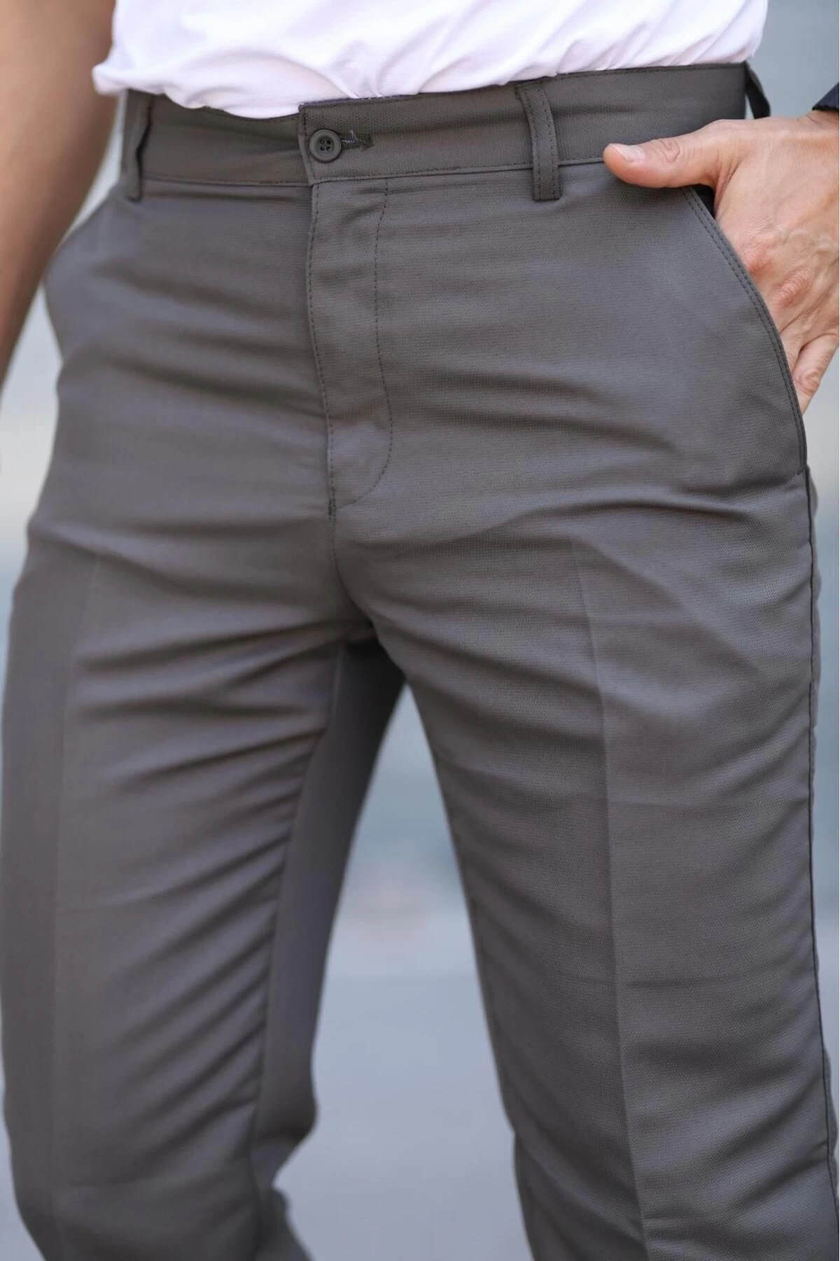 Klasik Kesim Haki Renk Mevsimlik Yan Cepli Keten Poliviskon Kumaş Baba Pantolonu Kumaş Pantolon