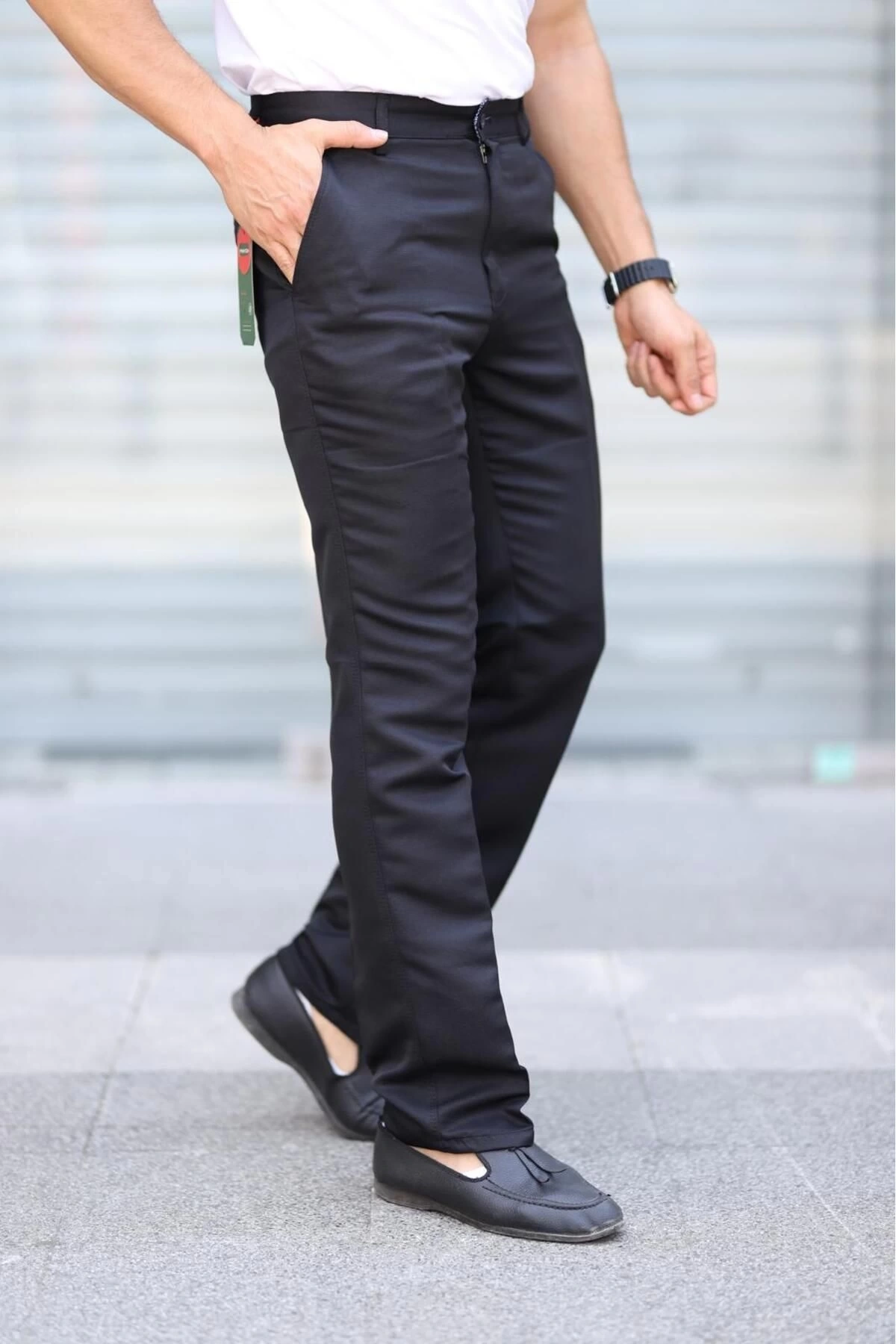 Klasik Kesim Siyah Mevsimlik Yan Cepli Keten Poliviskon Kumaş Baba Pantolonu Kumaş Pantolon