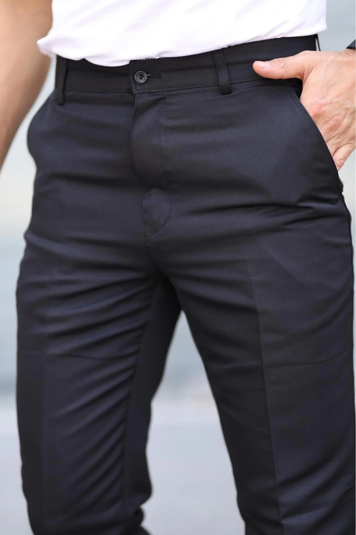 Klasik Kesim Siyah Mevsimlik Yan Cepli Keten Poliviskon Kumaş Baba Pantolonu Kumaş Pantolon