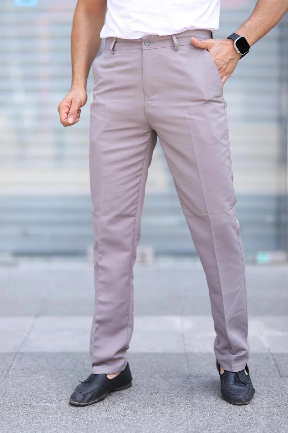 Klasik Kesim Bej Renk Mevsimlik Yan Cepli Keten Poliviskon Kumaş Baba Pantolonu Kumaş Pantolon