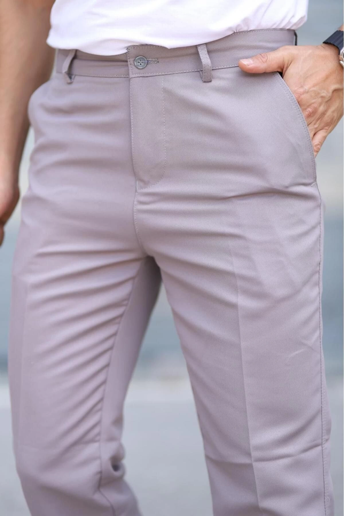 Klasik Kesim Bej Renk Mevsimlik Yan Cepli Keten Poliviskon Kumaş Baba Pantolonu Kumaş Pantolon