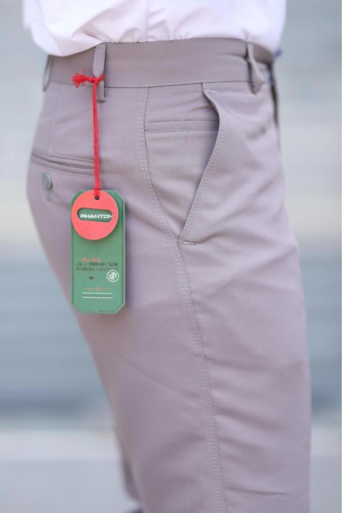 Klasik Kesim Bej Renk Mevsimlik Yan Cepli Keten Poliviskon Kumaş Baba Pantolonu Kumaş Pantolon