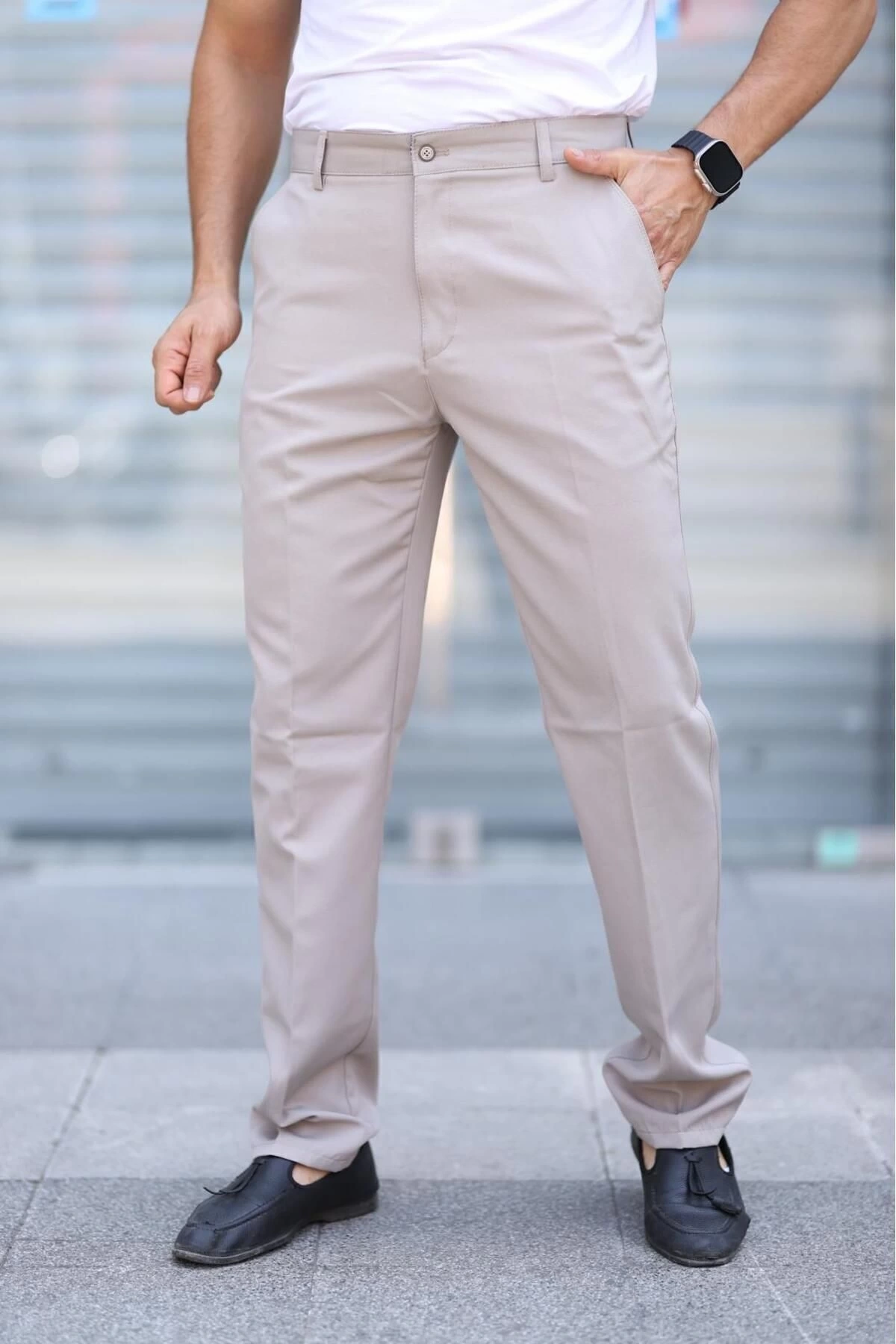 Klasik Kesim Kemik Rengi Mevsimlik Yan Cepli Keten Poliviskon Kumaş Baba Pantolonu Kumaş Pantolon