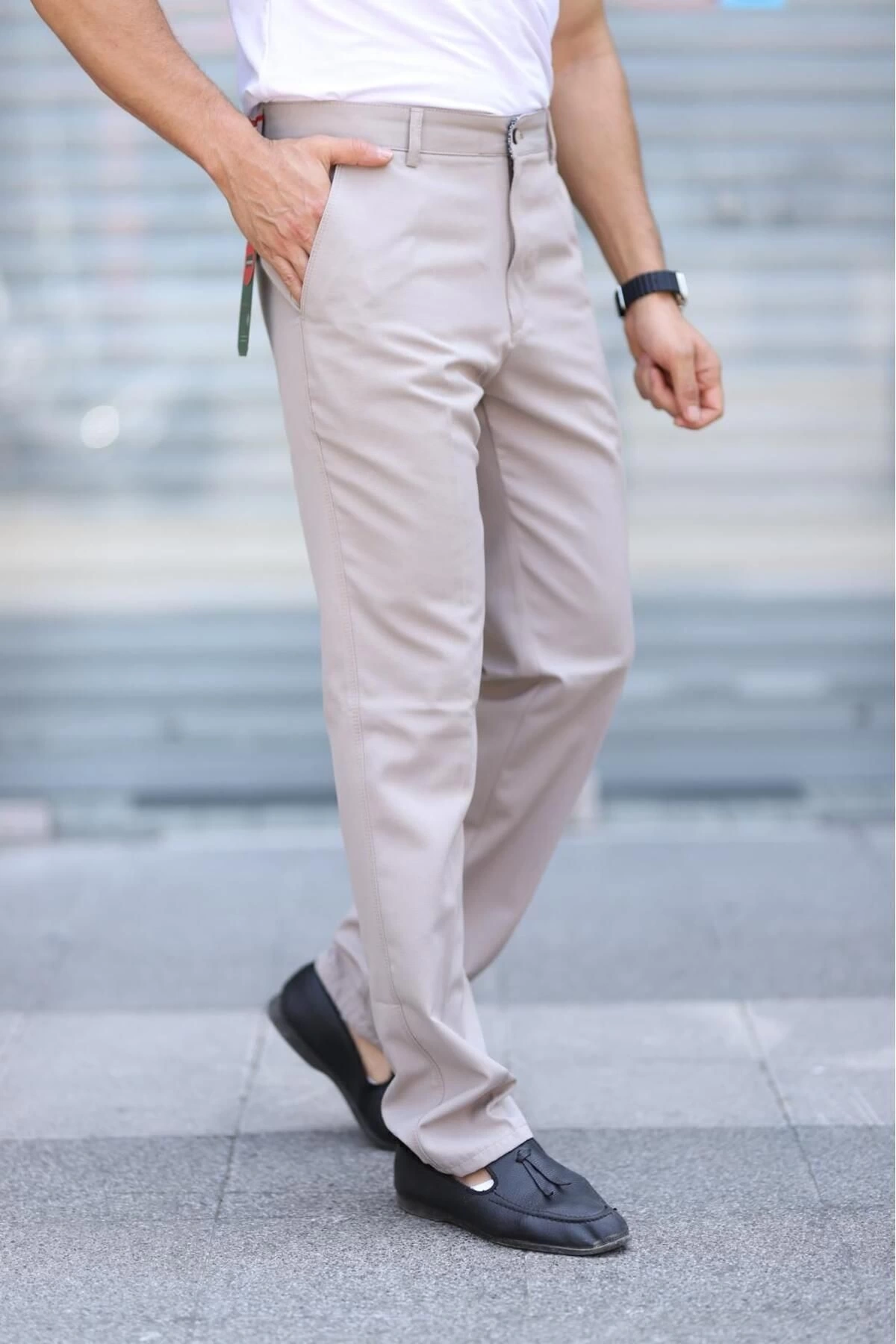 Klasik Kesim Kemik Rengi Mevsimlik Yan Cepli Keten Poliviskon Kumaş Baba Pantolonu Kumaş Pantolon