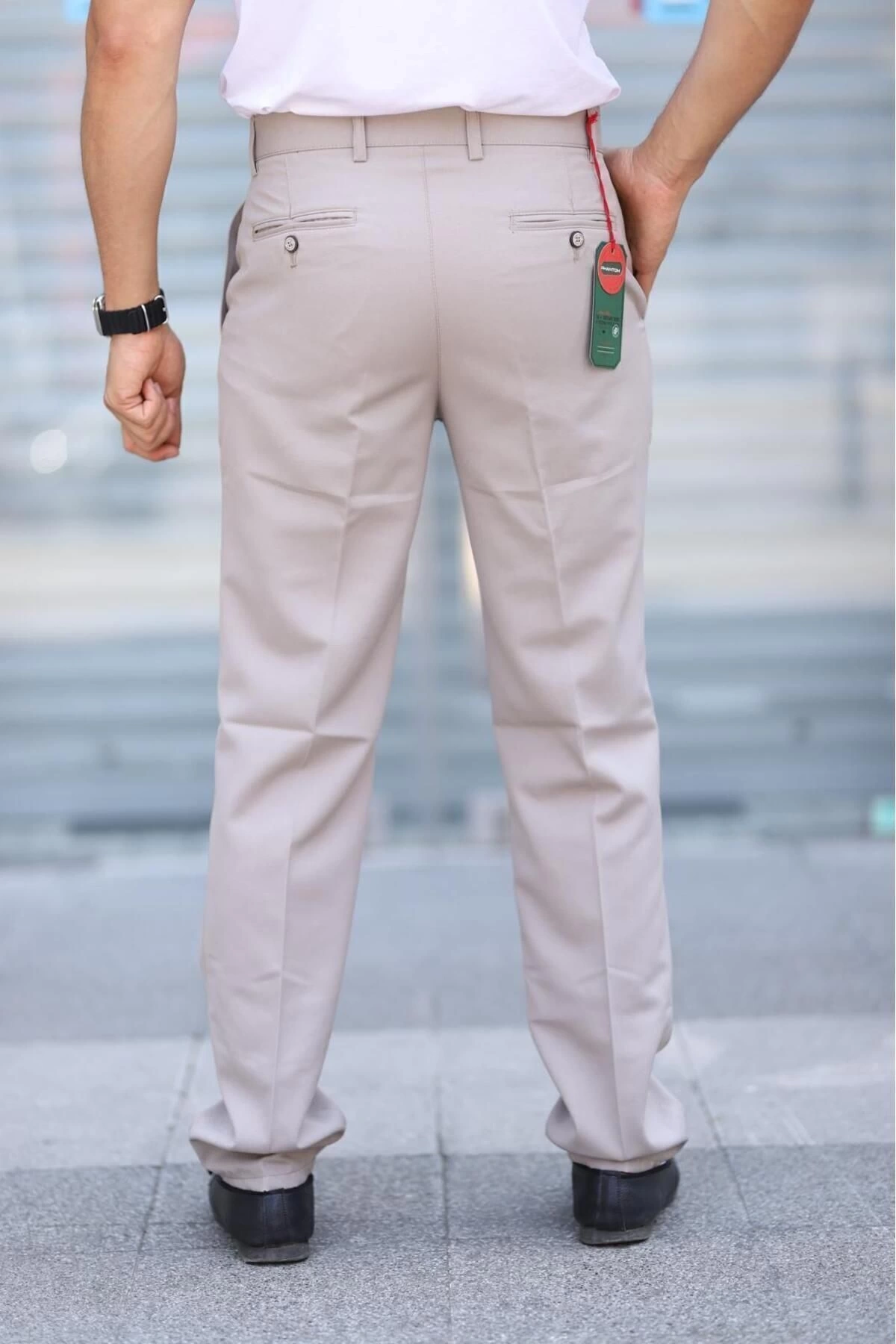 Klasik Kesim Kemik Rengi Mevsimlik Yan Cepli Keten Poliviskon Kumaş Baba Pantolonu Kumaş Pantolon