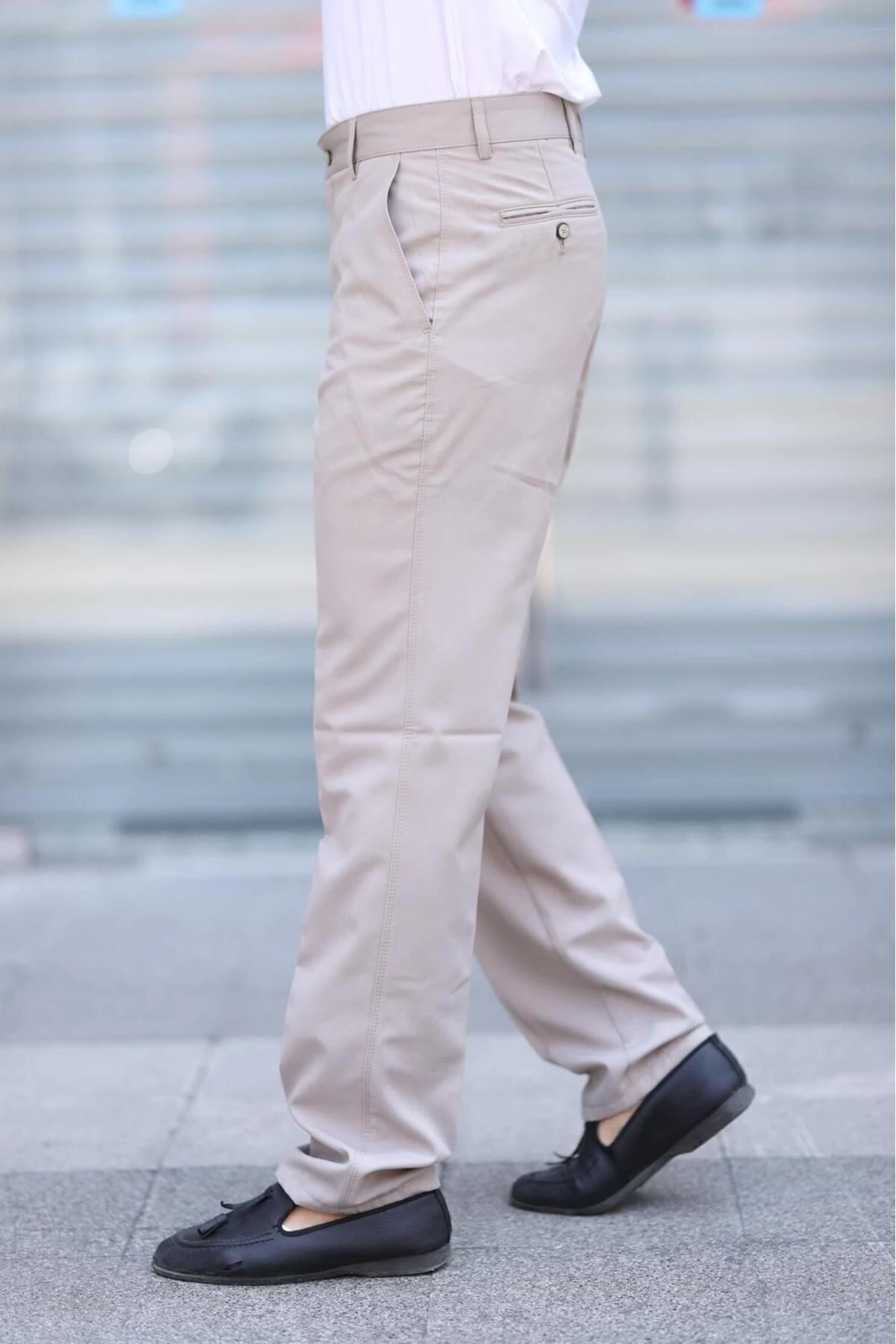 Klasik Kesim Kemik Rengi Mevsimlik Yan Cepli Keten Poliviskon Kumaş Baba Pantolonu Kumaş Pantolon